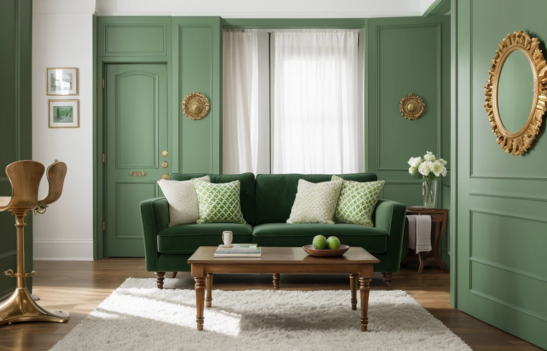 Design a living room with a green color scheme, featuring a sofa, television, and an assortment of stylish design objects. Incorporate a wooden door with an ornate rosette-mounted doorknob, ensuring that the doorknob is not prominently in the foreground.