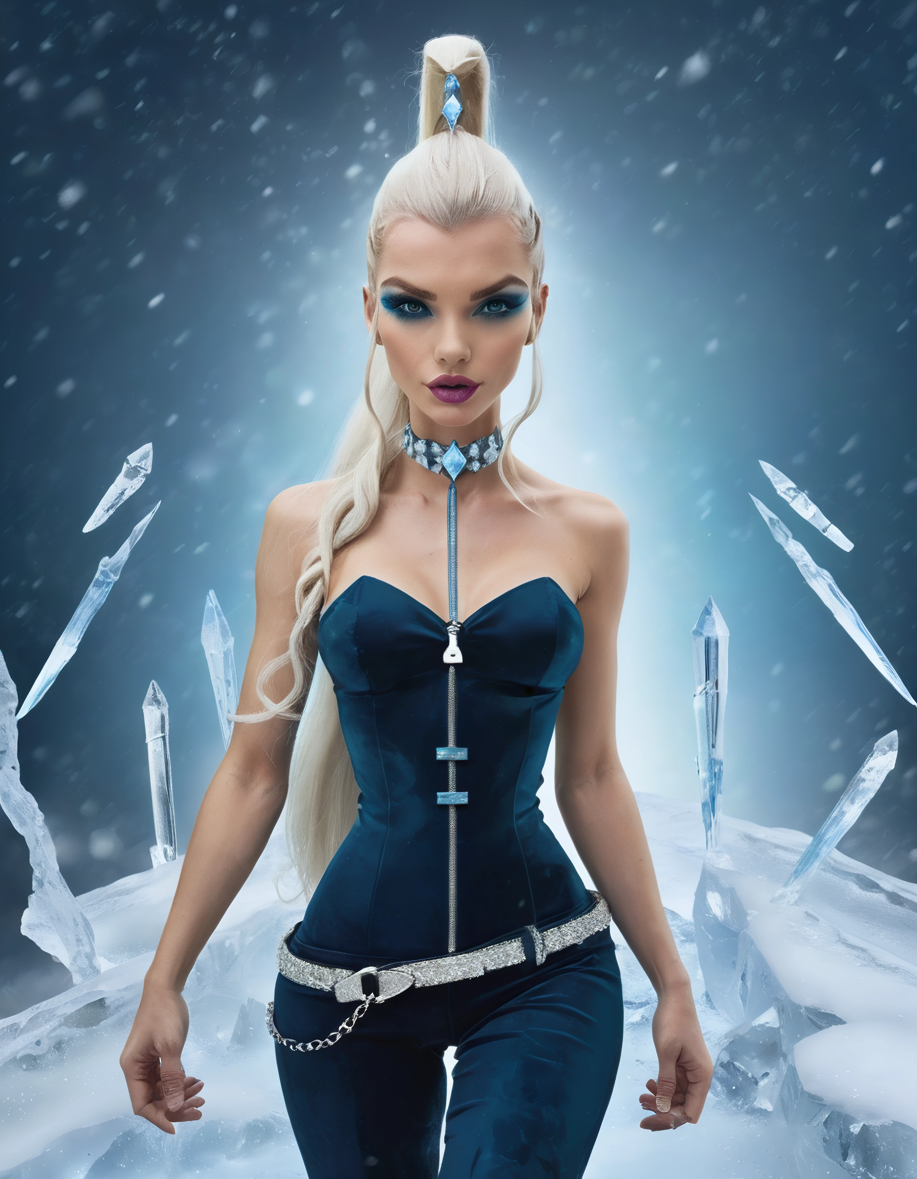 photograph icy, 1GIRL, LONG HAIR, LOOKING AT VIEWER  BLUE EYES, PONYTAIL, white hair, CHOKER, MAKEUP,LIPSTICK, EYESHADOW BLUE CHOKER, realistic, make up, walking, ice, using magic, waist high, belt, ice, icy crystals