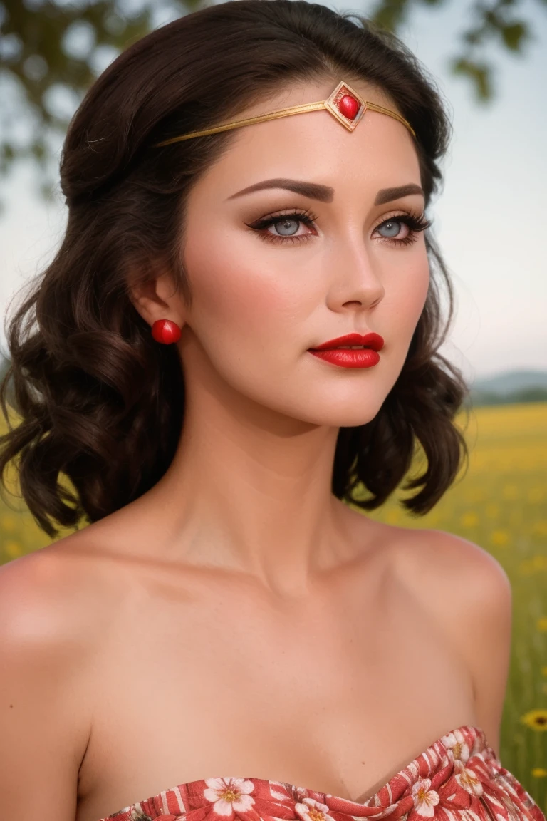 <lora:lyndacarter-03:0.5>, lyndacarter,, ((tiara, bracers)), ((detailed skin, detailed face):1.2), ((detailed eyes, beautiful eyes):1.2), ((red lipstick, eyeliner, eye shadow, blush)), ,photo of a woman, RAW, close portrait photo, ((beautiful floral print sundress)),((short hair, pixie cut)), ((outdoors, gorgeous meadow, walking)), 8k uhd, dslr, soft lighting, high quality, film grain, Fujifilm XT3 sharp focus, f 5.6,((red lipstick, blush)) , slight smile, ((detailed eyes, beautiful eyes, detailed face, beautiful face)),