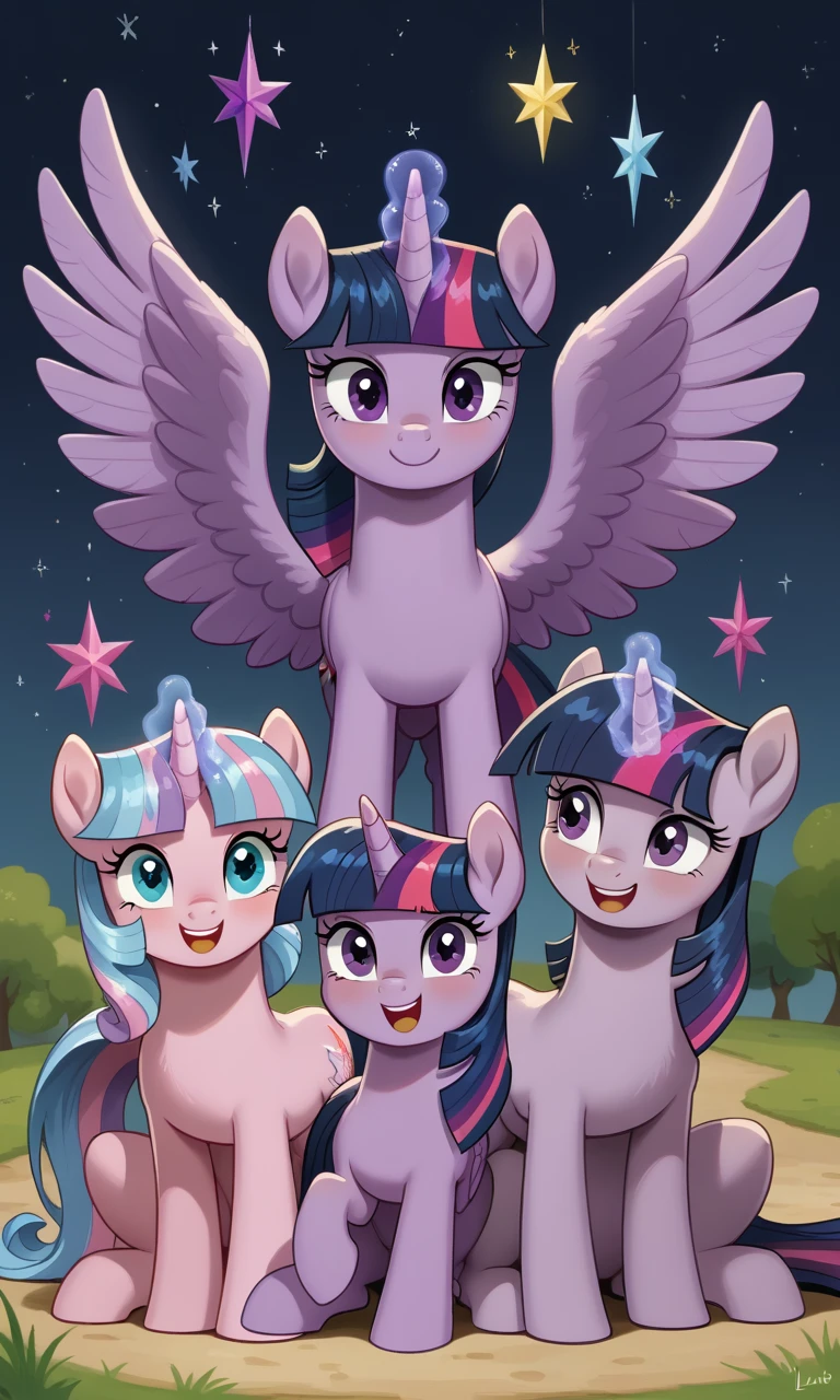 Twilight Sparkle, unicorn, alicorn, quadrupedal, purple pony, cutie mark, star cutie mark, lilac fur, blue mane and tail, pink and purple stripe on tail and mane, short straight bangs, lilac horn, semi-short ears, pink star six pointed