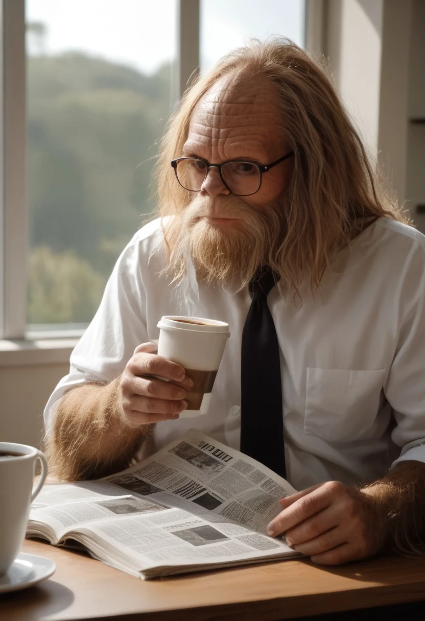 score_9, score_8_up, score_7_up, source_photo, photography, realistic, 
bigsquatch, glasses, white shirt, black tie, drinking a cup of coffee, reading newspaper, kitchen table, window in background, sun beaming in, atmospheric lighting, Kodak Motion Picture Film Style