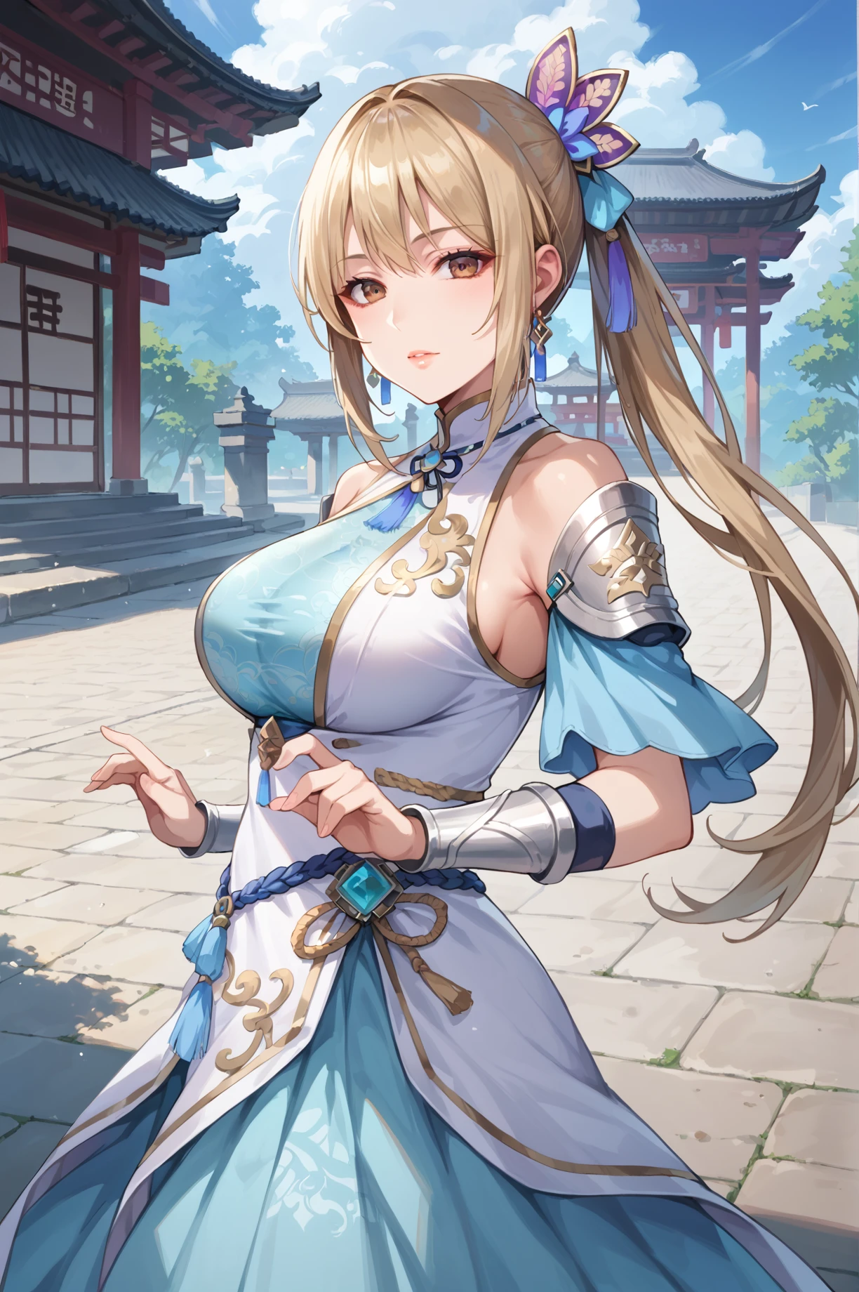 score_9, score_8_up, score_7_up, source_anime, highly detailed, <lora:Wang_Yuanji_Dynasty_Warriors:0.8> solo, 1girl, mature, blonde hair, long hair, tied hair, big breast, dress, hair ornament, earrings, brown eyes, east asian architecture, vibrant color, ready pose, photography