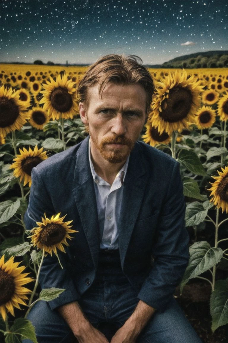 A mesmerizing close-up raw editorial photograph of Vincent Van Gogh seated in a field, capturing the essence of the legendary artist in deep contemplation. The background showcases a swirling, starry night sky reminiscent of "Starry Night” while the scent of sunflowers fills the air, evoking the presence of the iconic flowers themselves. This captivating portrait combines vibrant colors and rich detail to create a sensory experience that transports the viewer into the world of Van Gogh., portrait photography, photo, vibrant, his eyes are intense, with a deep gaze, and the overall mood of the image is vibrant and dramatic.