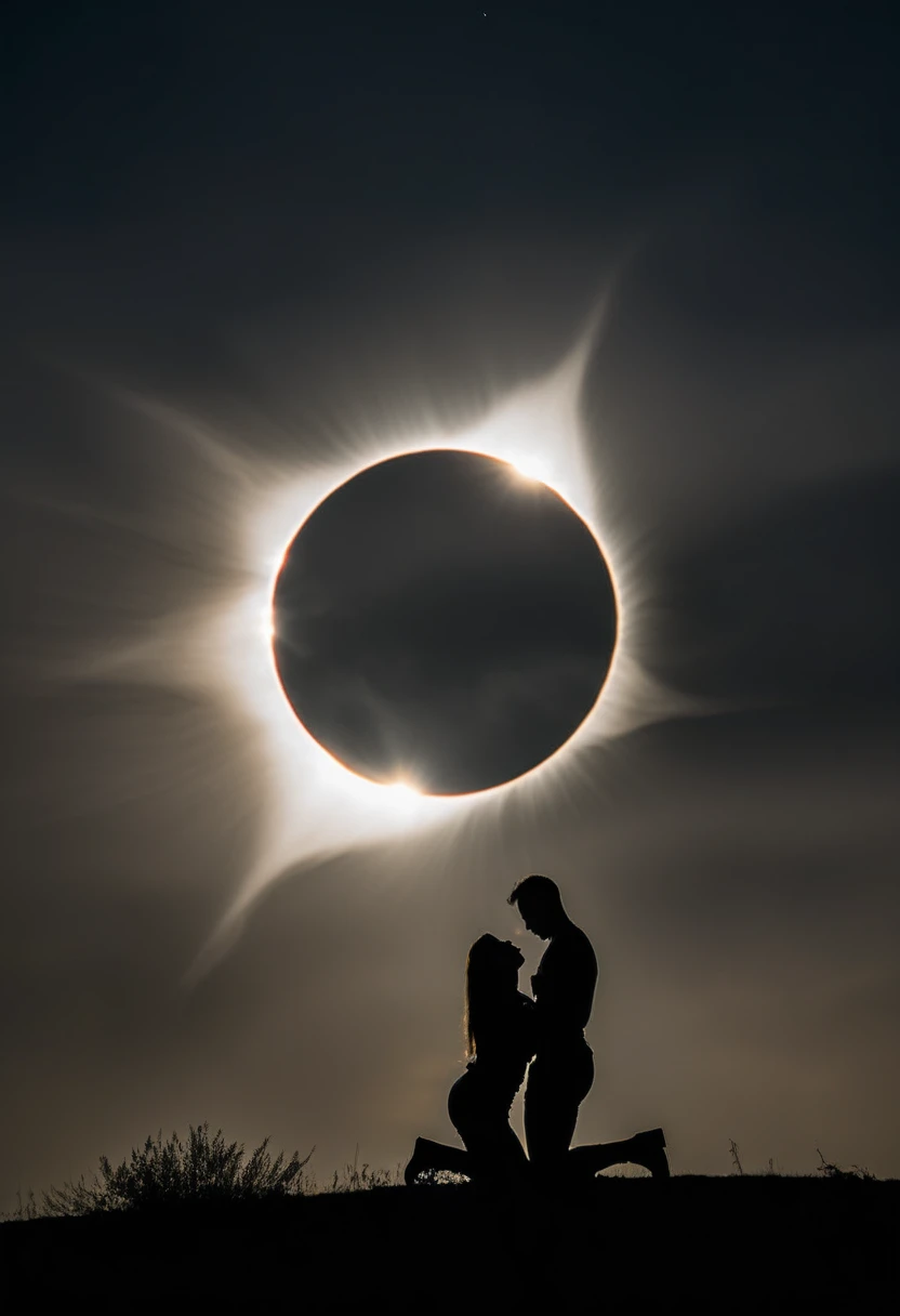 a solar eclipse scene is prominently visible against a dark, cloudy sky. The solar eclipse shape is illuminated, casting a soft glow on the surrounding area. In the foreground, there are two silhouetted figures, possibly a woman and a man. A man kneels down on one knee, perhaps proposing to a woman. The overall mood of the image is serene and mysterious, with the solar eclipse acting as a focal point amidst the vast expanse of the sky