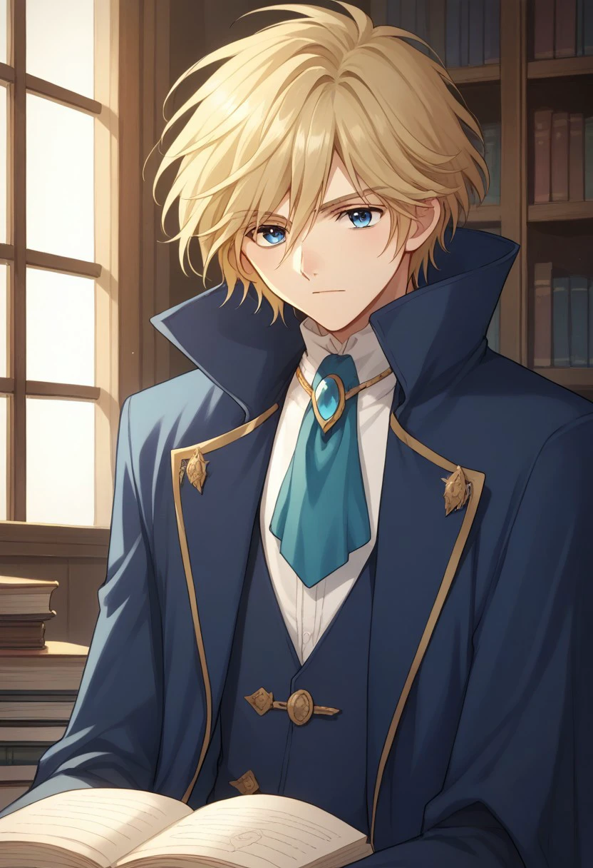 score_9, score_8_up, score_7_up, source_anime, highly detailed, 
fayd, 1boy, solo, male focus, blonde hair, blue eyes, ascot, coat, blue coat, 
indoor, books