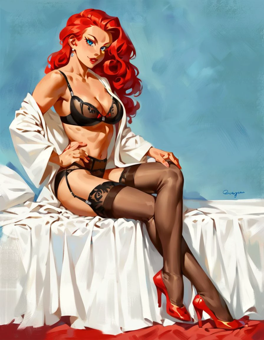 score_9, elvgren, 1girl, thighhighs, underwear, long hair, bra, breasts, jewelry, red hair, shoes, red footwear, hand on hip, bed, lingerie, robe, high heels, single shoe, blue background, earrings, cleavage, pinup, <lora:pinup_pony:0.8>