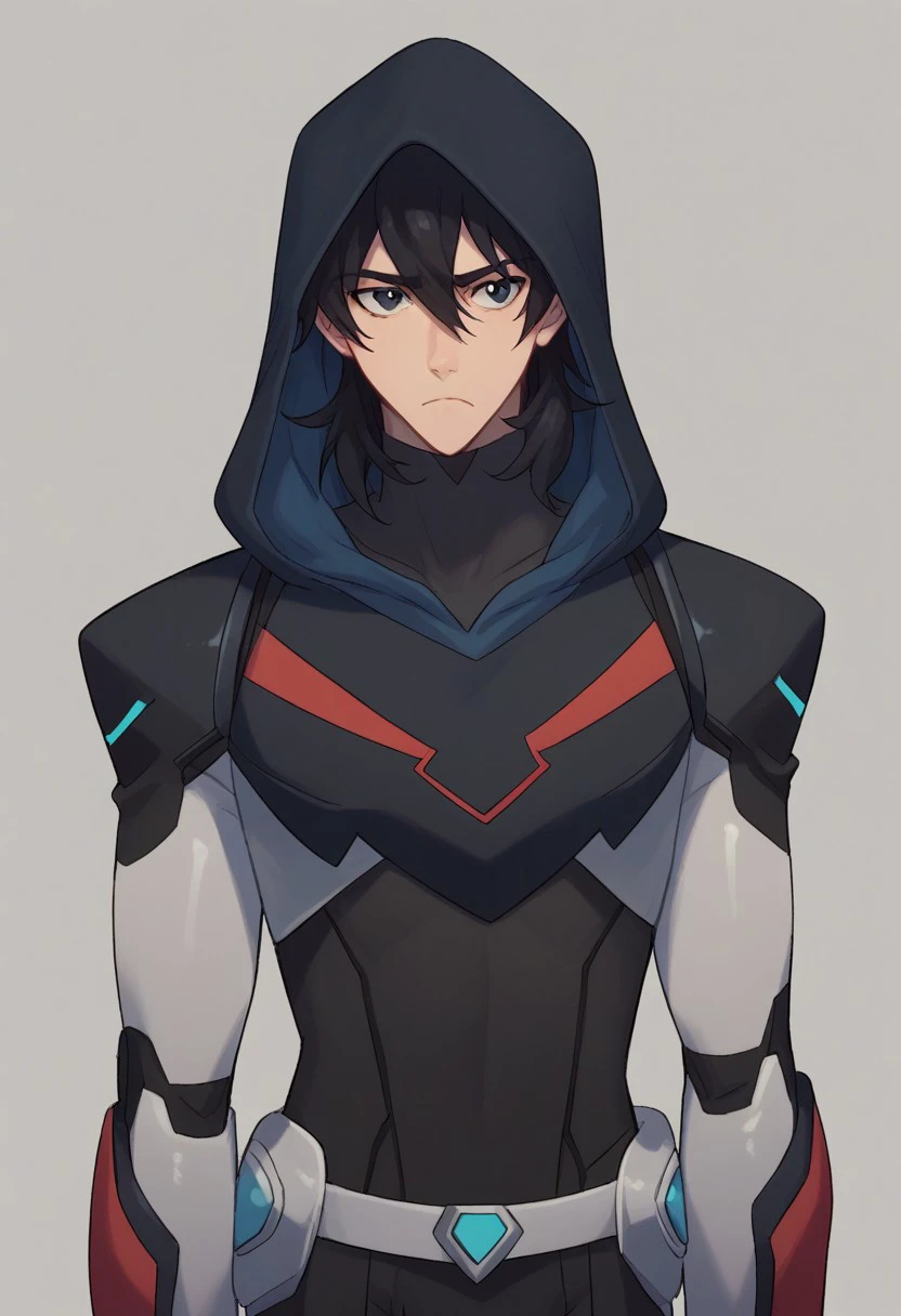 score_9, score_8_up, score_7_up, source_anime, highly detailed, 
keith, 1boy, male focus, solo, black hair, medium hair, hood, black eyes, hood up, bodysuit, armor, black bodysuit, totally black bodysuit, hair between eyes, frown
indoor, aerospace base