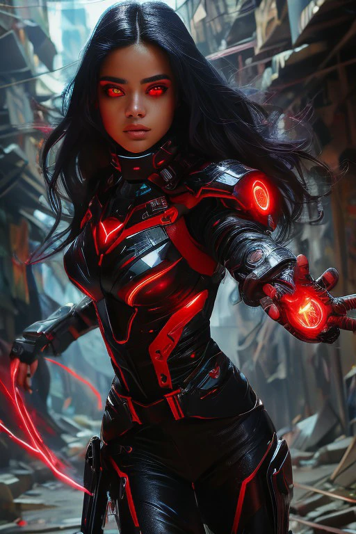 (masterpiece), best quality, expressive eyes, perfect face, Futuristic White Hispanic female Earth Mage in futuristic magical garb, fighting pose, 23 years old, dark black hair with red accents, defending a futuristic slum, realistic, red eyes glowing slightly