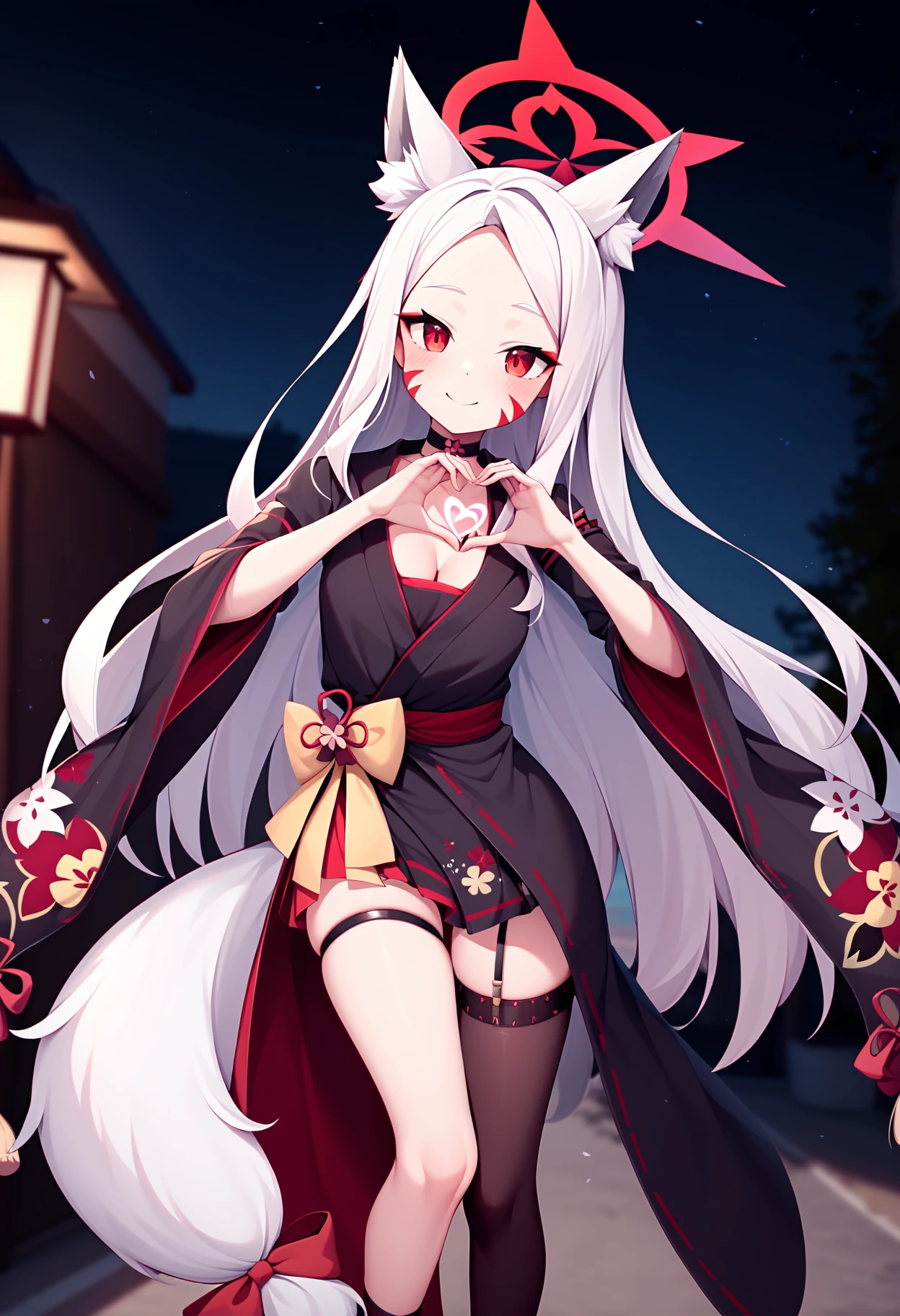 masterpiece, best quality,
1girl, shiro \(sewayaki kitsune no senko-san\), fox girl, fox ears, fox tail, white hair, red eyes, whisker markings, choker, smile,
wearing outfit of wakamo \(blue archive\), black kimono, floral print, thigh strap, hips, garter straps, mismatched legwear, single thighhigh, cleavage, heart hands, tail bow, fox mask, halo,
outdoors, dark night