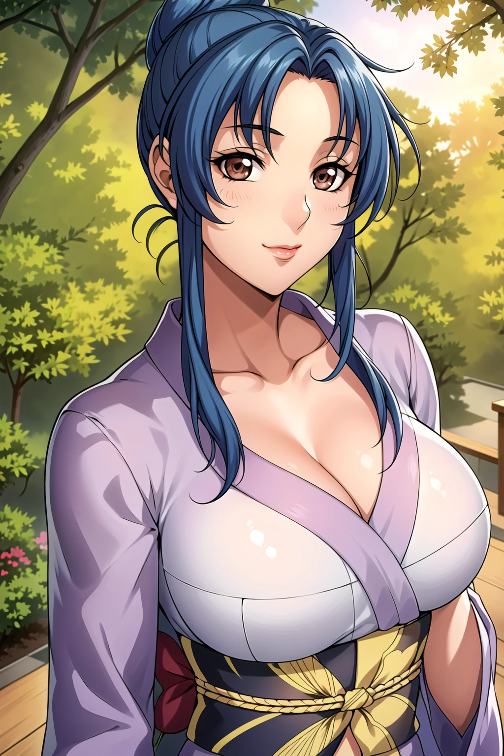 Trees,outdoors,nature, 
dynamic pose,standing at attention, 
Purple kimono, japanese clothes, collarbone, long sleeves, wide sleeves, 
<lora:Kaname_Chidori_FMP-KK77-V1:0.7>,Makeup,Red lipstick, 
brown eyes, blue hair,bangs,Short hair,hair bun, hair ornament,
<lora:more_details:0.1>,<lora:Oda_Non_Style-KK77-V2:0.3>,<lora:Sexy_AIart-KK77-V1:0.3>,
1 girl, 20yo,Young female,Beautiful long legs,Beautiful body,
Beautiful Nose,Beautiful character design, perfect eyes, perfect face,expressive eyes,perfect balance,
looking at viewer,(Focus on her face),closed mouth, (innocent_big_eyes:1.0),(Light_Smile:0.3),
official art,extremely detailed CG unity 8k wallpaper, perfect lighting,Colorful, Bright_Front_face_Lighting,White skin,
(masterpiece:1.0),(best_quality:1.0), ultra high res,4K,ultra-detailed,
photography, 8K, HDR, highres, absurdres:1.2, Kodak portra 400, film grain, blurry background, bokeh:1.2, lens flare, (vibrant_color:1.2),professional photograph,
(Beautiful,large_Breasts:1.4), (beautiful_face:1.5),(narrow_waist),