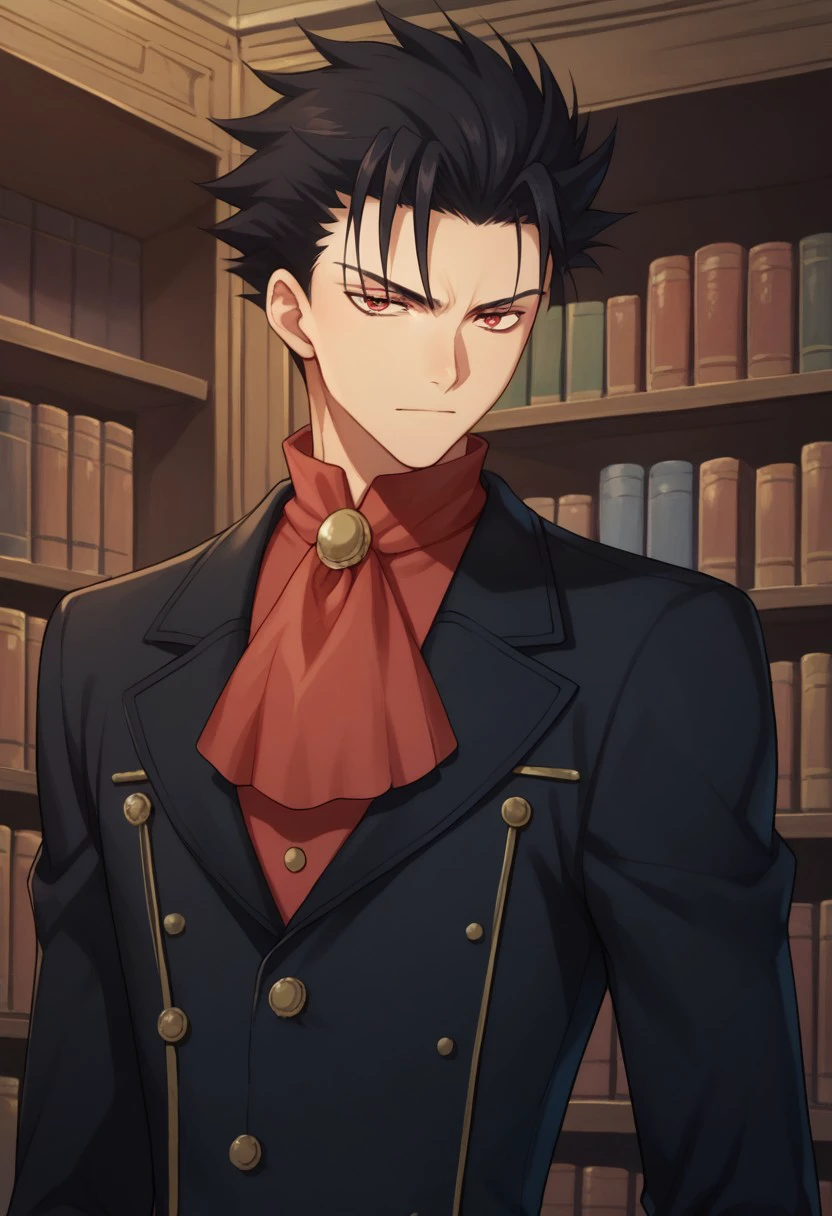 score_9, score_8_up, score_7_up, source_anime, highly detailed, 
kurogane, 1boy, male focus, solo, black hair, spiked hair, red eyes, ascot, red ascot, jacket, black jacket, long sleeves, upper body, slender, 
indoor, books,