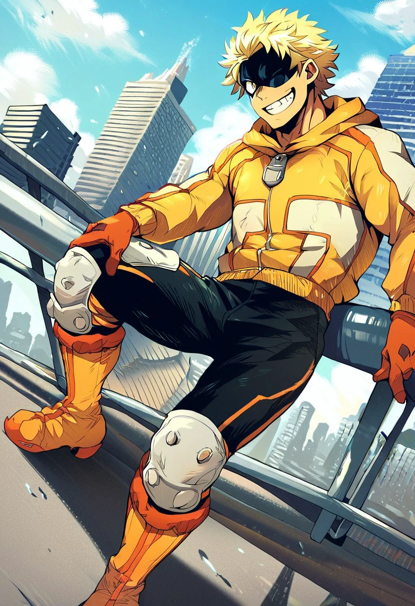 score_9, score_8_up, score_7_up, Taishiro_Toyomitsu, male, blond hair, mask, yellow jacket, track pants, boots, knee pads, gloves, source_cartoon, smile, wink, looking at veiwer, city background