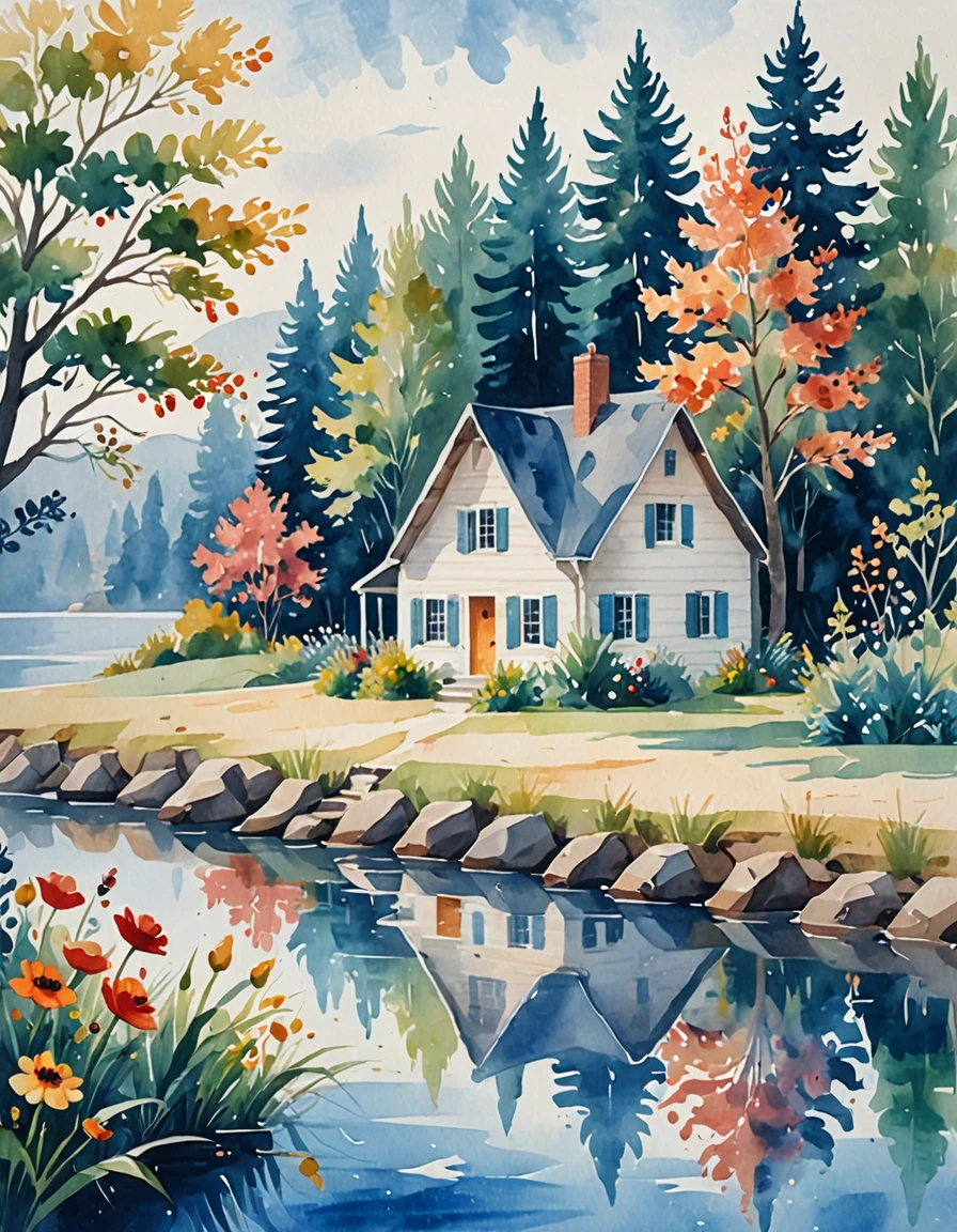 cottage by the water <lora:CBS_novuschroma45 style_detail:1> novuschroma45