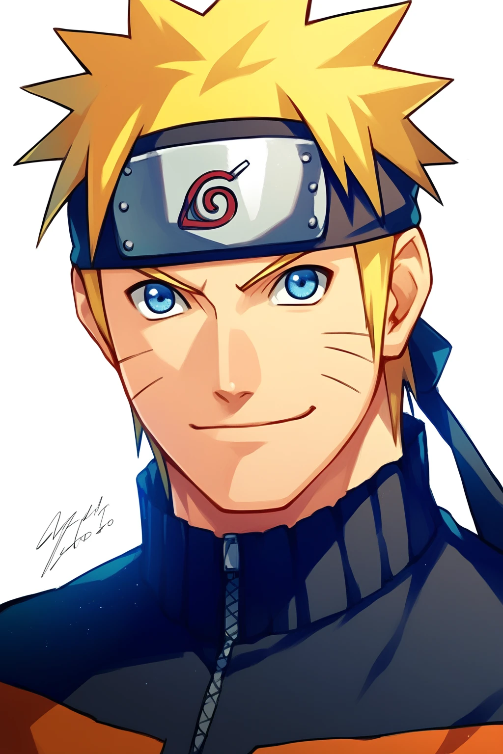 score_9, score_8_up, score_7_up, source_anime, detailed, novel illustration, wallpaper, beautiful details, naruto uzumaki, 1boy, male focus, blue eyes, whisker markings, blonde hair, forhead protector, konohagakure symbol, jacket, smile, closed mouth, looking at viewer, portrait, white background