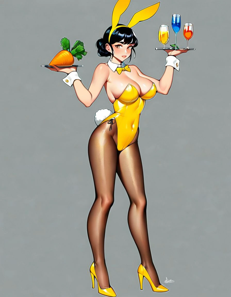 score_9, dlewis, pinup, fake animal ears, fake tail, animal costume, playboy bunny, rabbit costume, rabbit tail, pantyhose, high heels, 1girl, fishnets, large breasts, black hair, holding tray, wrist cuffs, yellow leotard, bowtie, yellow footwear, bow, simple background, detached collar, standing, grey background, carrot, hair bun, drinking glass, full body, fruit, cup, solo, strapless leotard, cleavage, lemon, bare shoulders, bangs, <lora:pinup_pony:0.88>