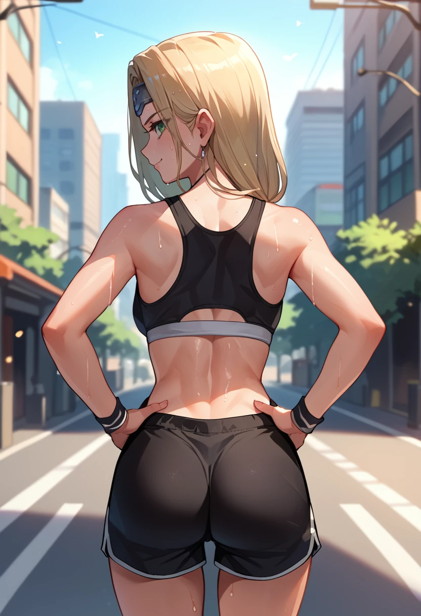 score_9, score_8_up, score_7_up, source_anime, from behind, solo, 1girl, mireyu, sweat, smile, looking back, hands on own hips, circlet, black sports bra, black shorts, short shorts, ass, outdoors, city street <lora:dq6_mireyu_ponyXL:1>