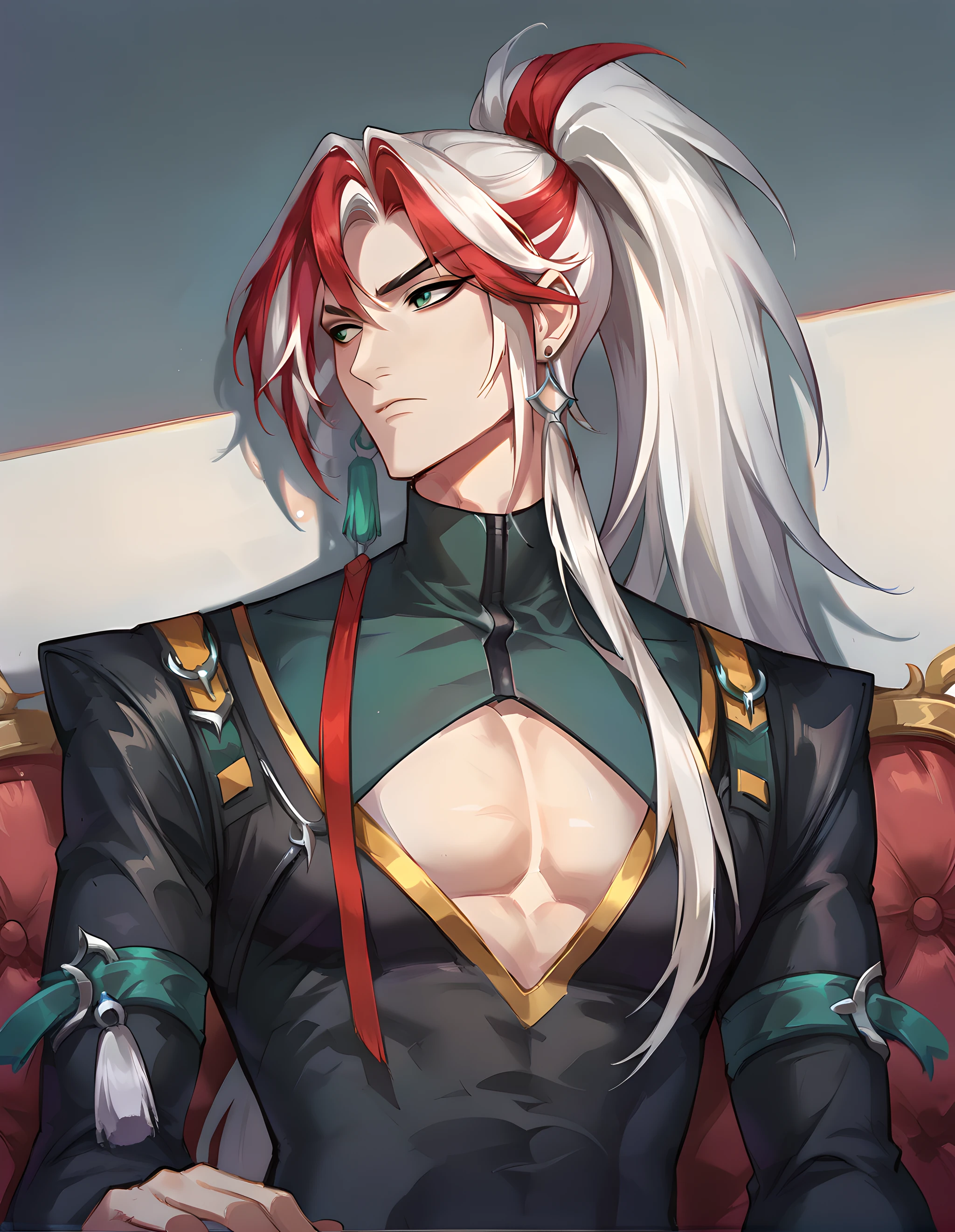 score_9, score_8_up, score_7_up, hs yone, solo, long hair, 1boy, jewelry, closed mouth, green eyes, upper body, ponytail, white hair, male focus, red hair, earrings, streaked hair, looking to the side, clothing cutout, cleavage cutout, tassel, couch, ((from below)), <lora:Heartsteel_Yone_v1:0.85>, shadow