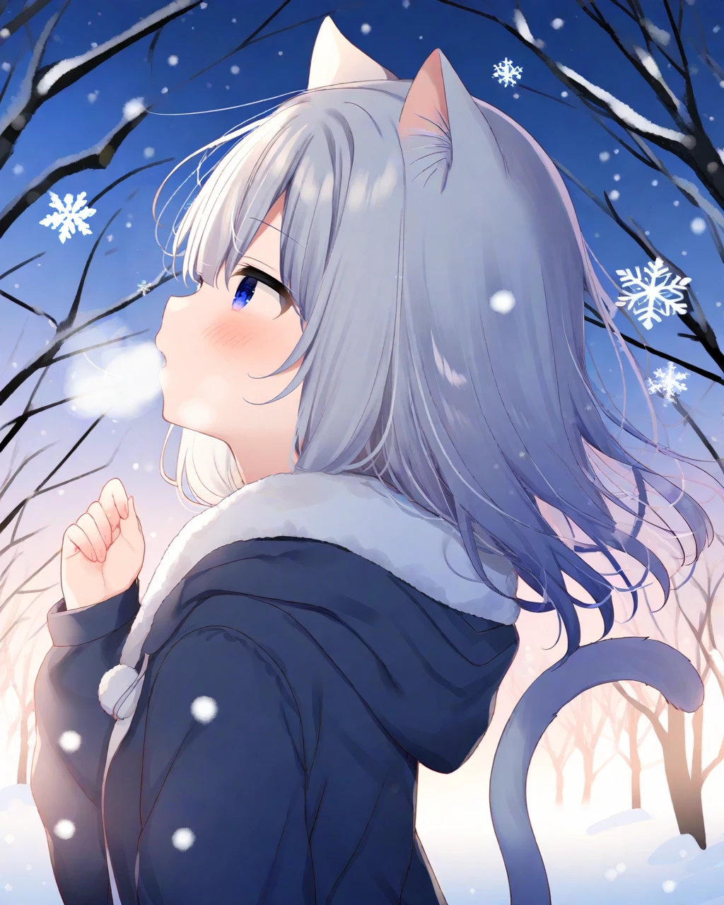 (Best-A:1.1),mafuyu,1girl, animal ears, tail, blue eyes, solo, cat tail, cat ears, cat girl, white hair, hood, long hair, animal ear fluff, hood down, outdoors, snow, blush, parted lips, upper body, tree, snowing, winter, snowflakes, fur trim, breath, looking up, hooded jacket, from side