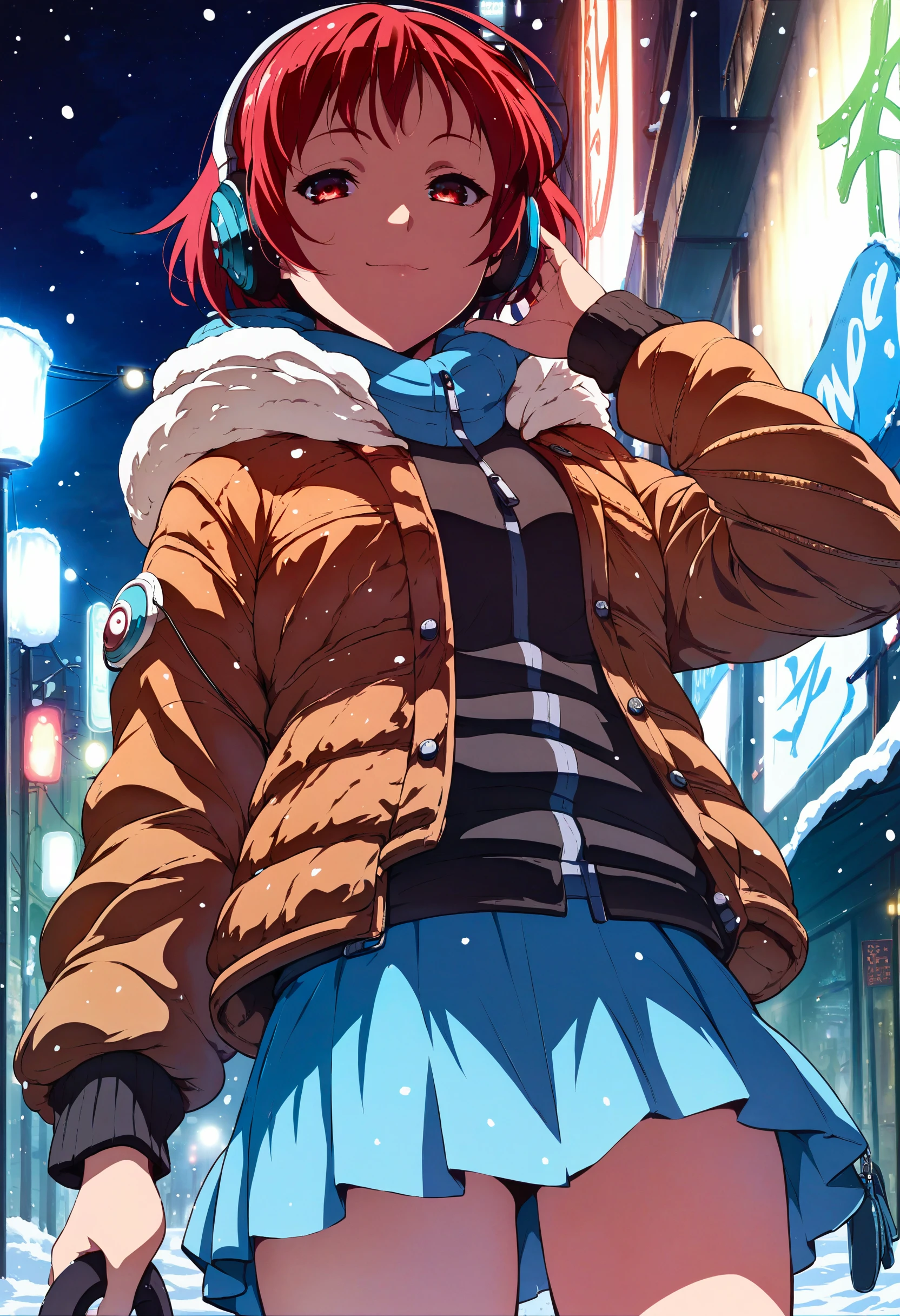 (score_9:1.1),score_8_up,score_7_up,score_6_up,source_anime,<lora:MeMaXLV3_TypeB_AutismMix:1>,1girl,from below,pose,close-up,snow,night,lamppost,street,headphones,looking at viewer,half-closed eyes,red hair,short hair,red eyes,light smile,jacket,skirt,holding bag,