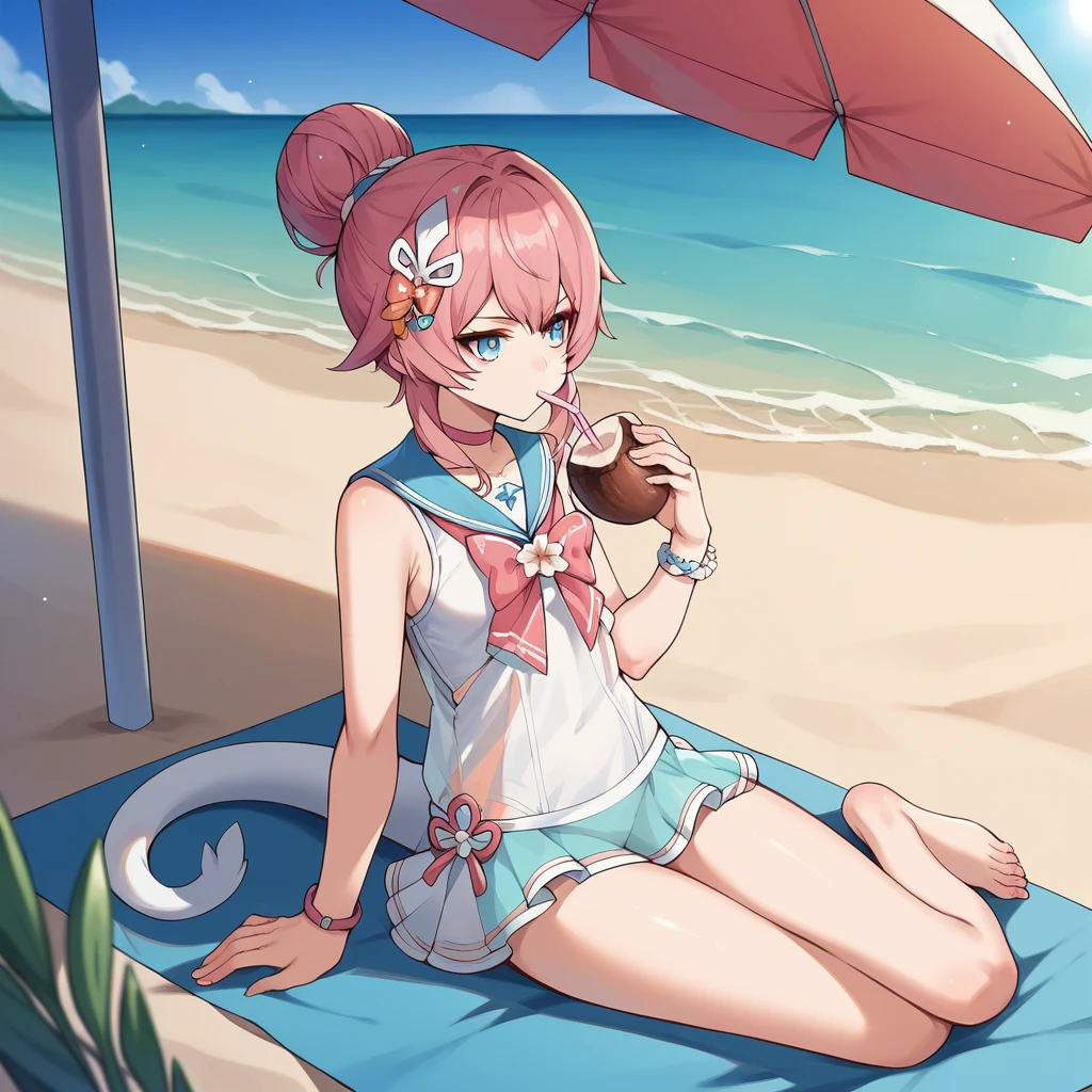 score_9_up, score_8_up, score_7_up, score_6up, source_anime, 1girl, solo, Rozaliya, Roza_Swimsuit, sun light, shadow, sitting on towel, feet, drinking straw, holding coconut, cheerful, under umbrella, tied hair, hair bun, tail, pink hair, thick eyebrows, hair ornament, sleeveless, pink bow, swimsuit skirt, coral, see-through, pink choker, blue sailor collar, bracelet, dynamic cowboy shot, outdoors, palm trees, beach ocean background,