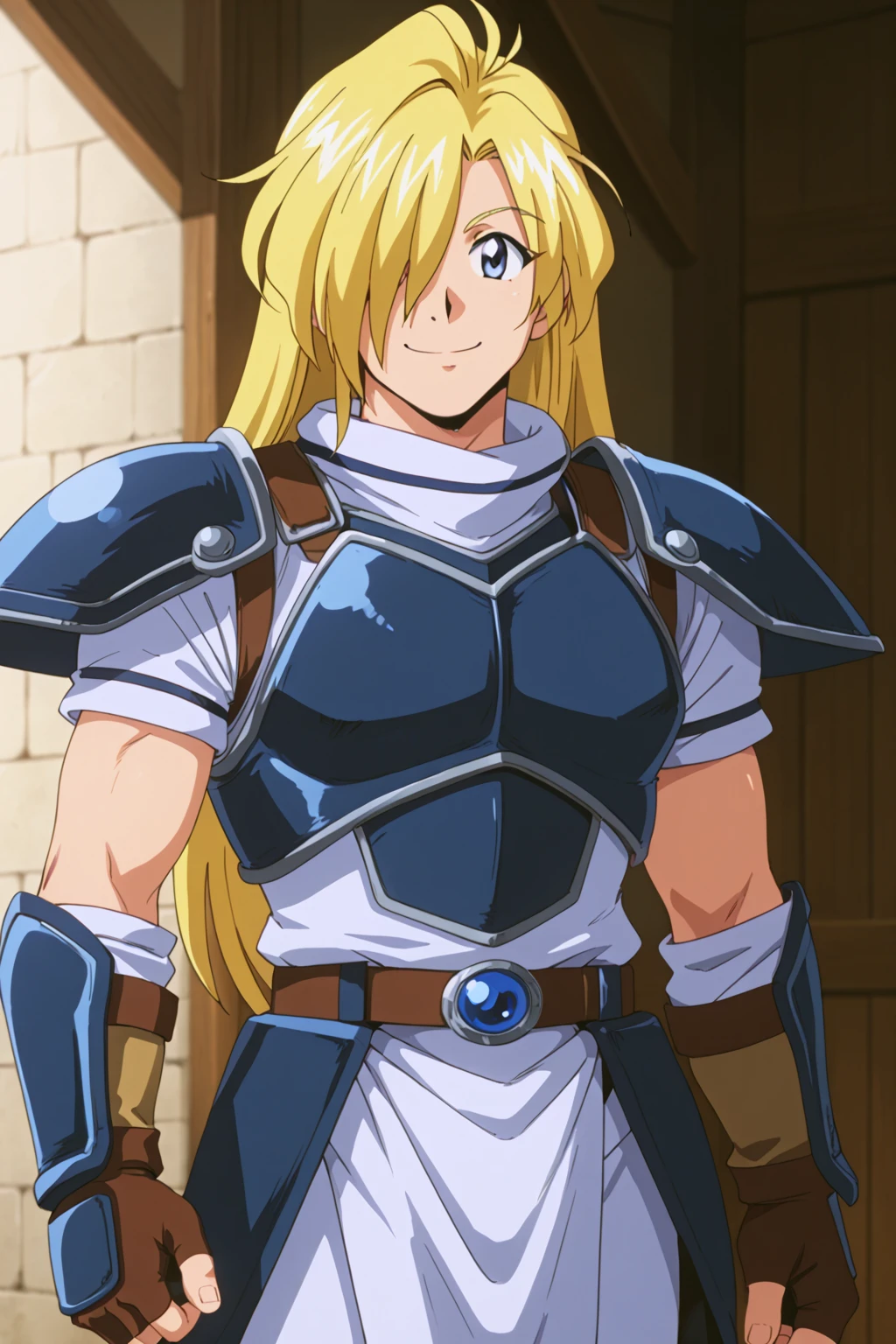 solo, long hair, smile, blue eyes, blonde hair, gloves, 1boy, male focus, fingerless gloves, armor, hair over one eye, shoulder armor, pauldrons, retro artstyle