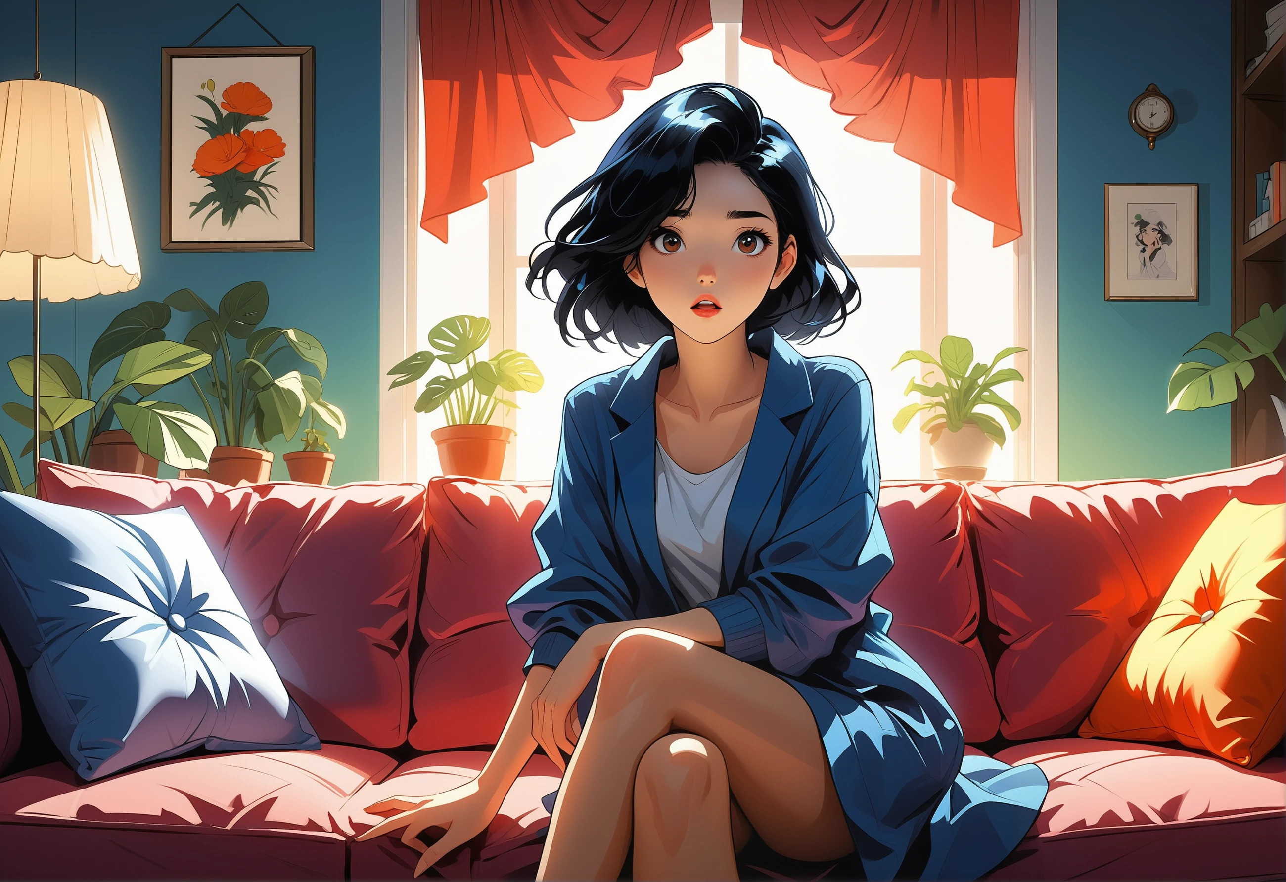 Korean webtoon style showing young woman, black hair, sitting on sofa, expression of surprise, room setting, plush couch fabric, ambient indoor lighting, character detailing, vibrant colors, high contrast shadows for dramatic effect, digital painting.