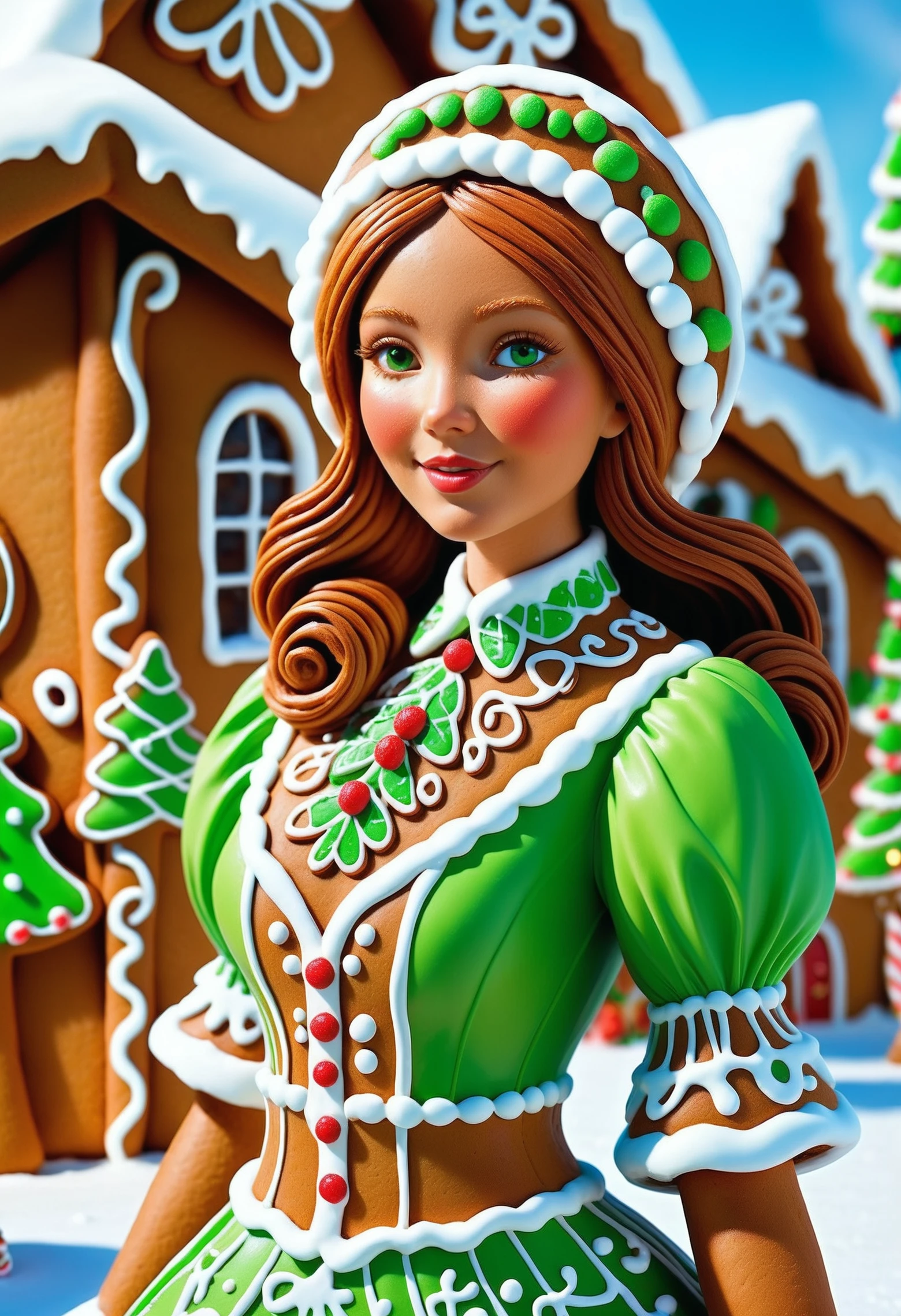 Gingerbread, icing, candy, <lora:GingerbreadStyle_epoch_10:0.7>, digital art, (Girl:1.3) , she is dressed in costume, her costume is green, It has Botanical patterns on it, her hair is Caramel,  Snowy, concept art, woman, grand illumination, radiant, intense, background inspired