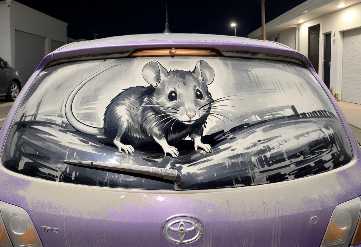hud_drty_c4r_4rt, purple car, vehicle focus, car window BREAK traditional media, monochrome, mouse, dirty, <lora:carart-000006:0.8>, night