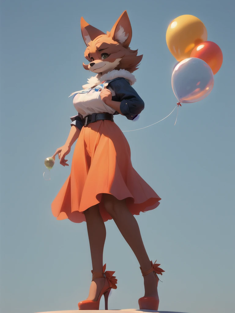 furry anthro character holding a balloon that's almost too big for them. Simple background with the balloon and a clear sky.