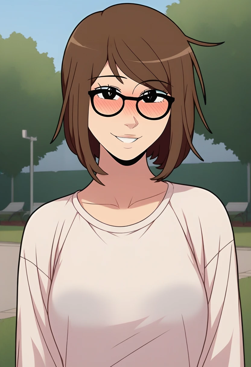 score_9, score_8_up, score_7_up,score_6_up, source_anime,park,white shirt, oversized shirt, 
BREAK
samyoung, brown hair, short hair, smile, blush, in heat,black eyes,standing,breasts,looking at viewer, glasses,  <lora:samara-06:1>