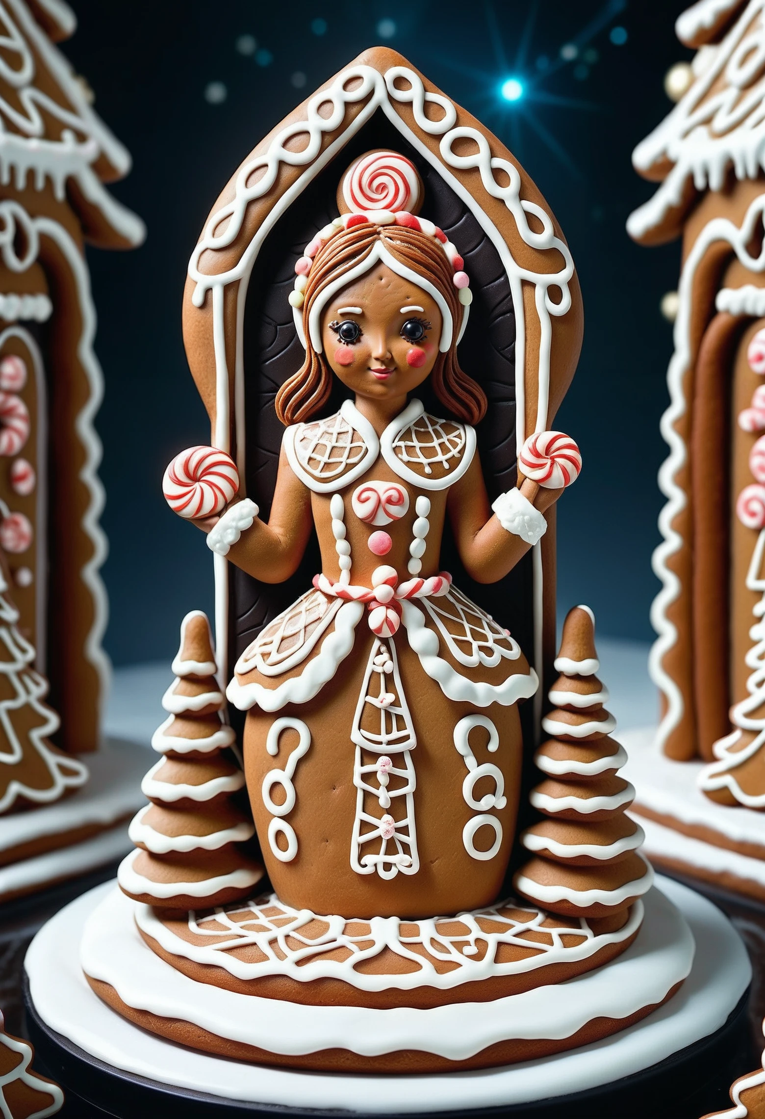 Gingerbread, icing, candy, <lora:GingerbreadStyle_epoch_10:0.7>, small centered composition, product shot, plain background, wallpaper art, Beauty focused, woman, peaceful,  space, moody, artistic, great light, epic, badge