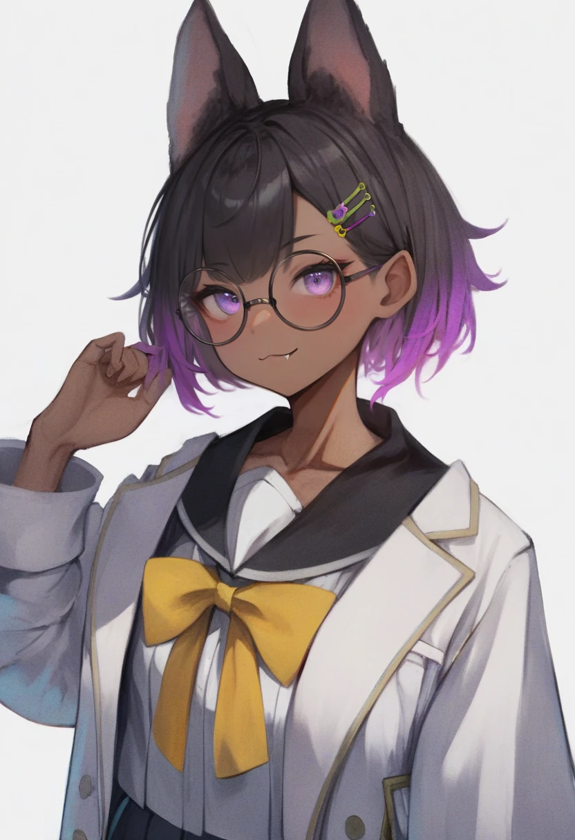 score_9, score_8_up, score_7_up, score_6_up, <lora:RECXL_P6_lokr_V43P1NF:0.95>  1girl, solo, animal ears, purple eyes, glasses, hair ornament, dark skin, fang, multicolored hair, dark-skinned female, dog ears, purple hair, upper body, white background, short hair, school uniform, sailor collar, round eyewear, looking at viewer, hairclip, lab coat, bow, serafuku, collarbone, yellow bow, shirt, skin fang, black hair, closed mouth, gradient hair, fang out, cropped torso, long sleeves, simple background, yellow bowtie, black sailor collar, virtual youtuber, hand up, bowtie, white jacket, jacket, white coat