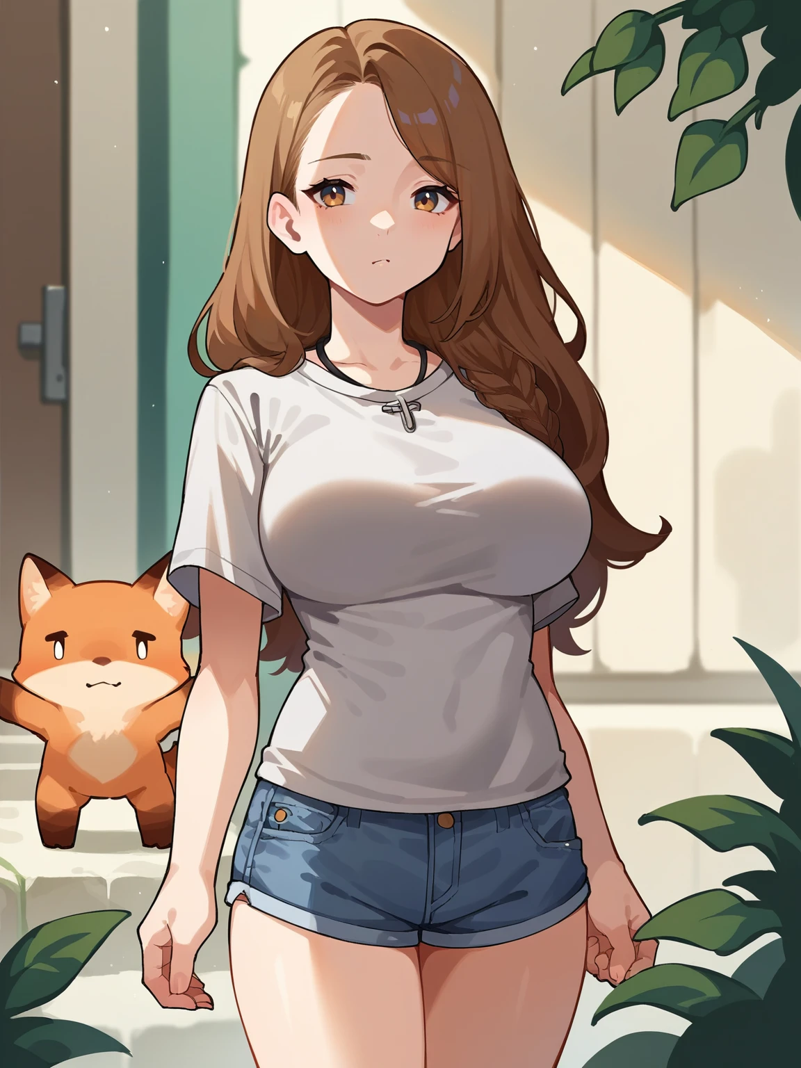 luciewilde <lora:luciewilde-pony:1>, chibi, source_anime, score_9, score_8_up, score_7_up,  1girl, solo, breasts, long hair, brown hair, gray Crew neck sweatshirt and denim shorts   <lora:RabbitAndSteelXLLocon:0.75>