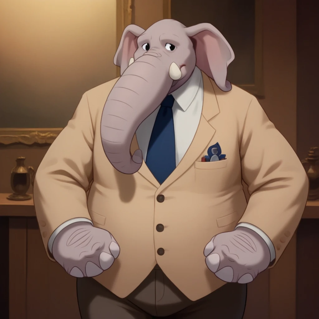 score_8_up, BREAK, Woolie, solo, 1boy,  anthro, black eyes, elephant ears, beige suit, long sleeves, necktie, pants, cowboy shot,  <lora:Woolie_PXL_Leaf1:0.8>