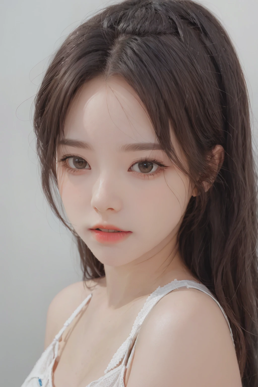 masterpiece, (Best quality:1.3), Raw Photo, realistic, (photorealistic:1.3), 1girl, solo, looking at viewer, portrait, simple gray background, <lora:YouEun_BJ:1>
