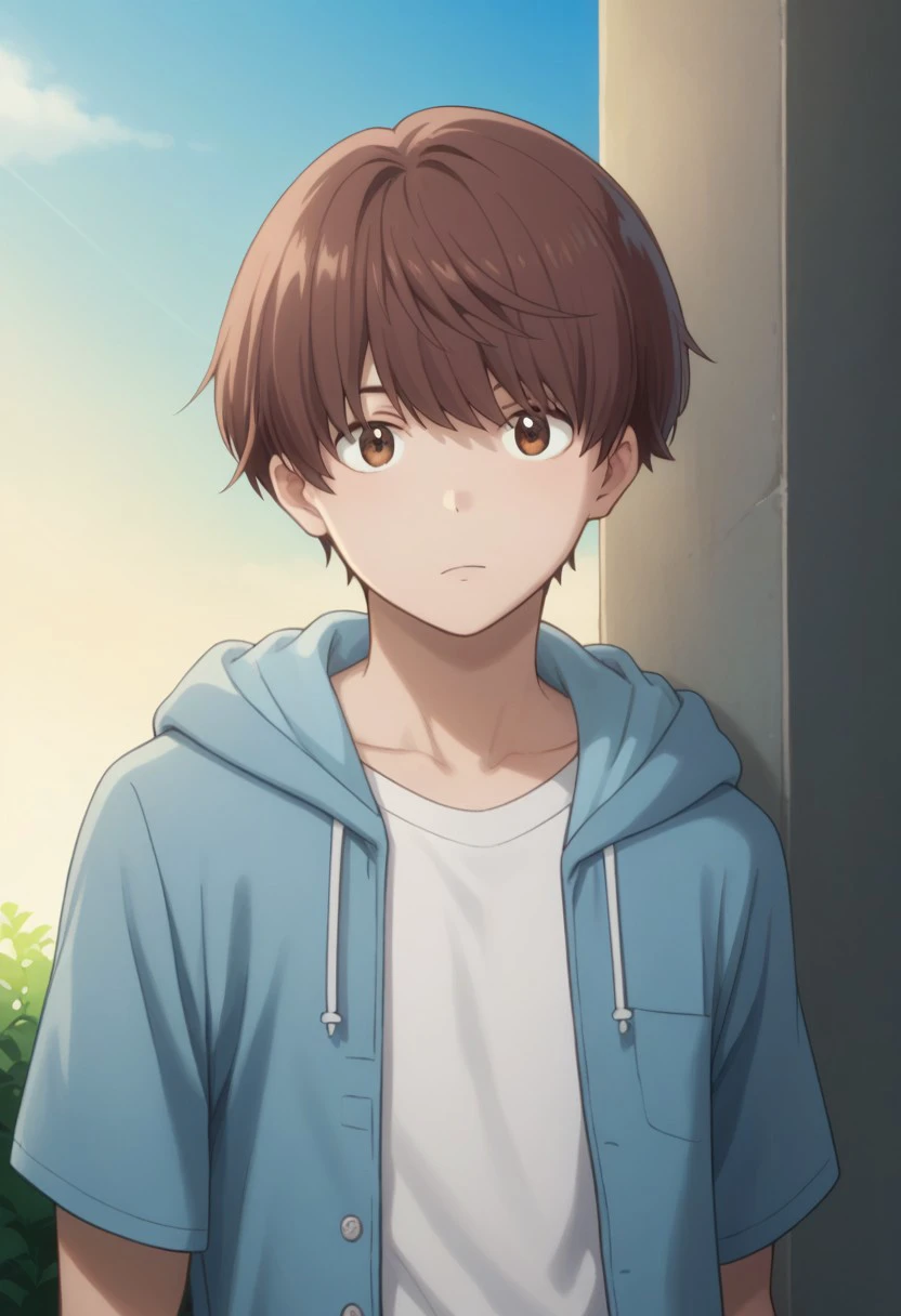 score_9, score_8_up, score_7_up, source_anime, highly detailed, 
itsuki, 1boy, male focus, brown hair, solo, brown eyes, looking at viewer, short hair, hoodie, hood, blue hoodie, short sleeves, open hoodie, shirt, white shirt, long sleeves
outdoor, sky