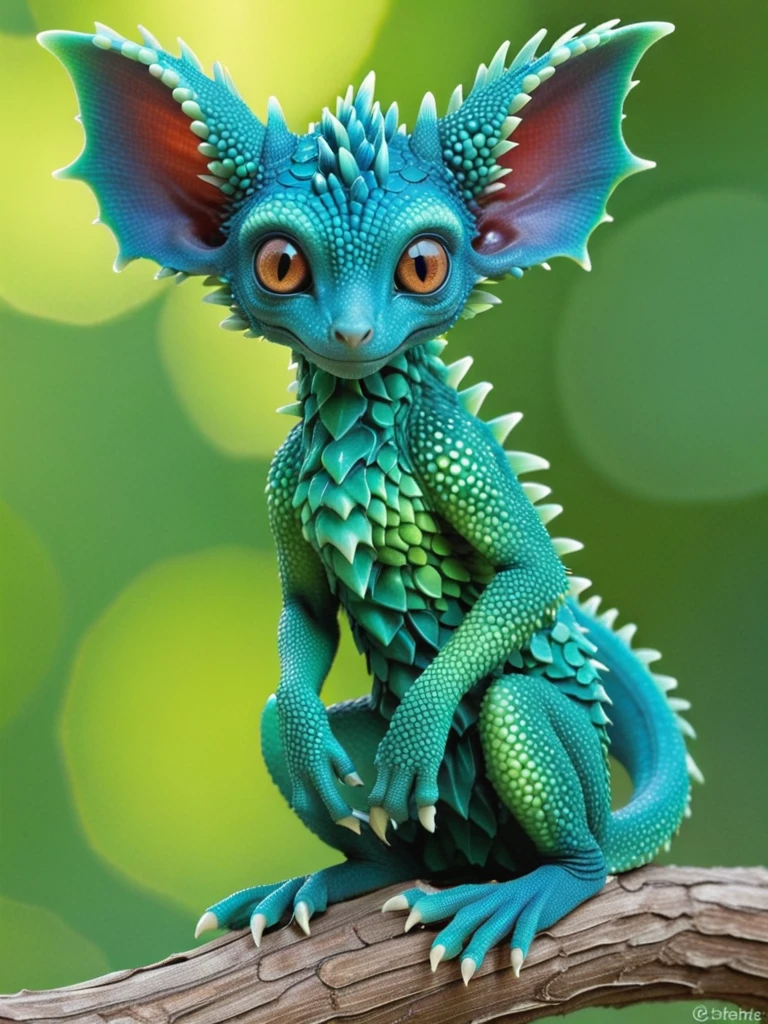 Produce a visually striking, masterpiece of wildlife portrait_futurism of a hybrid creature, combining the vibrant, intricate scales of a colorful Dragon Fire, Blue scales with the endearing features of a cute chibi aye-aye. The hybrid creature's skin boasts a kaleidoscope of rich, iridescent hues, ranging from deep emerald greens to shimmering sapphire blues, creating a mesmerizing display of color and texture. Its eyes, large and expressive like those of an aye-aye, exude a sense of innocence and curiosity, framed by long, fluffy lashes that add a touch of whimsy to the creature's appearance. The creature's slender fingers, tipped with delicate claws, exhibit a surprising dexterity and grace, while its tail, adorned with intricate patterns reminiscent of exotic reptilian scales, coils elegantly around its body. The vivid contrast between the lizard's reptilian features and the aye-aye's endearing characteristics results in a captivating, one-of-a-kind creature that effortlessly blends beauty and charm.