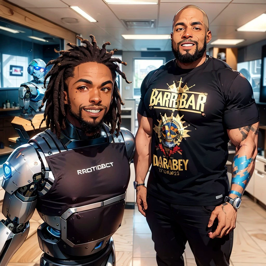 (masterpiece), best quality, expressive eyes, perfect face, in a 2200s futuristic barber shop, wholesome pose, wholesome smile, dark brown eyes, Black Dreadlocks, 30-year-old Black American male, as a robotic cyborg, completely chrome body, only his head appears human, standing with a friend he knew when he was human