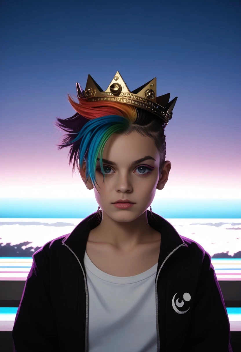 ,1girl, extremely detail beauty, wild hair , two tone hair, rainbow hair, vaporwave, (pastel), synthwave, city punk, constellation, crescent_moon, crown, dust, embers, rim lighting, side lighting,  upper body, pov ,realistic BREAK  PonyXLV6_Scores