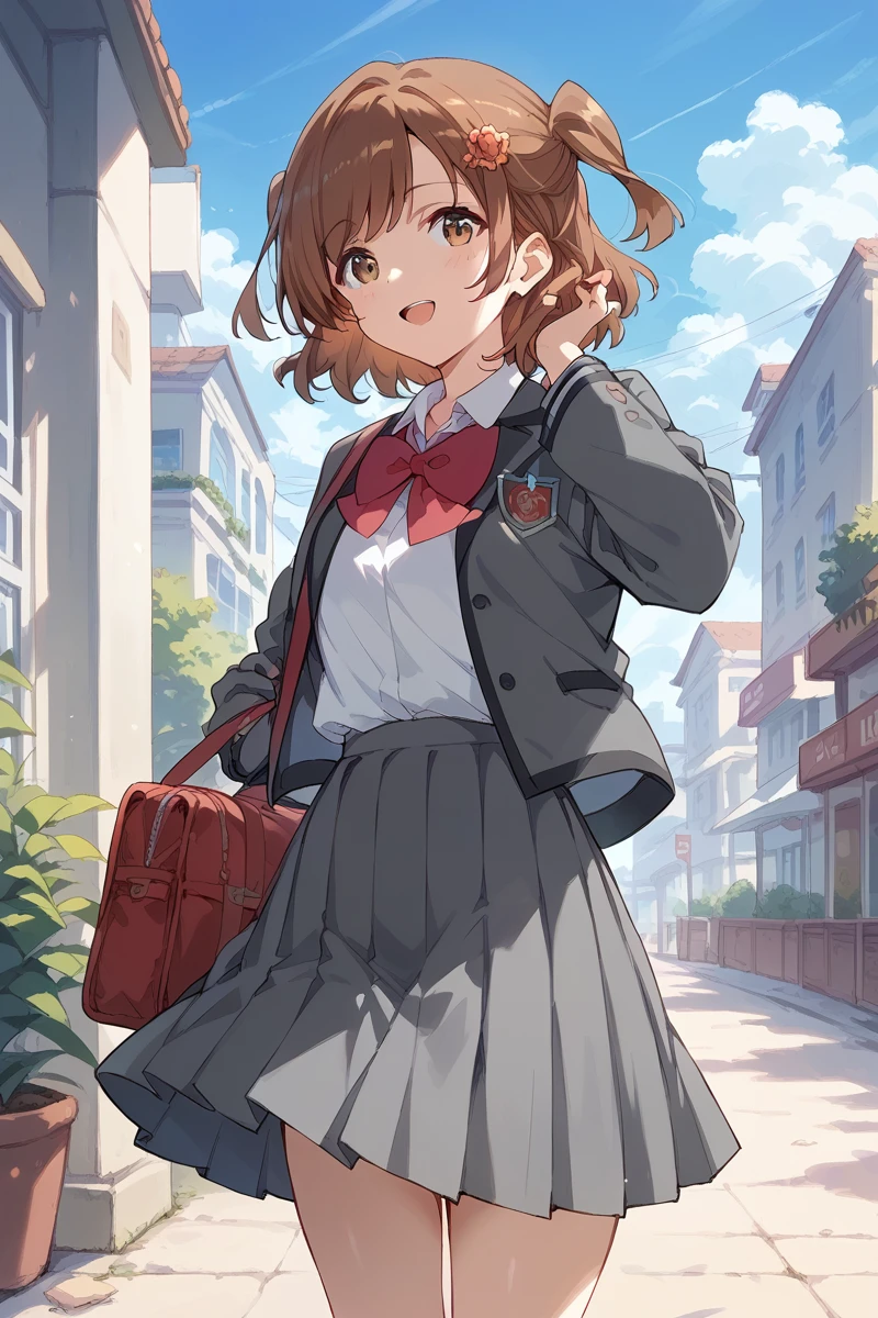 score_9, score_8_up, score_7_up, score_6_up, 1girl,
 <lora:Karen_Aijo:0.9> karen, brown hair, school uniform, gray jacket, gray skirt,