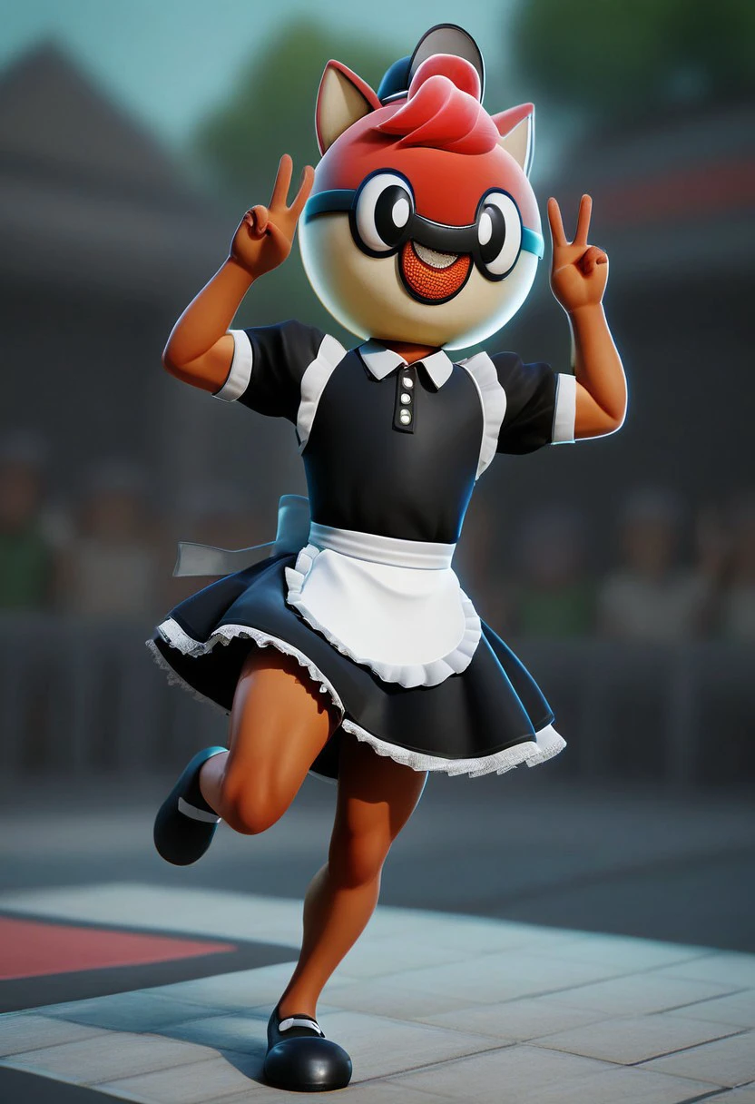 score_7_up, score_8_up, sfw, render,
BREAK, 
1boy, solo, ballguy, maid outfit, maid hat, tan skin, pokeball helmet, peace sign, on one leg, cute pose, 
crowded area, in public, being photographed,