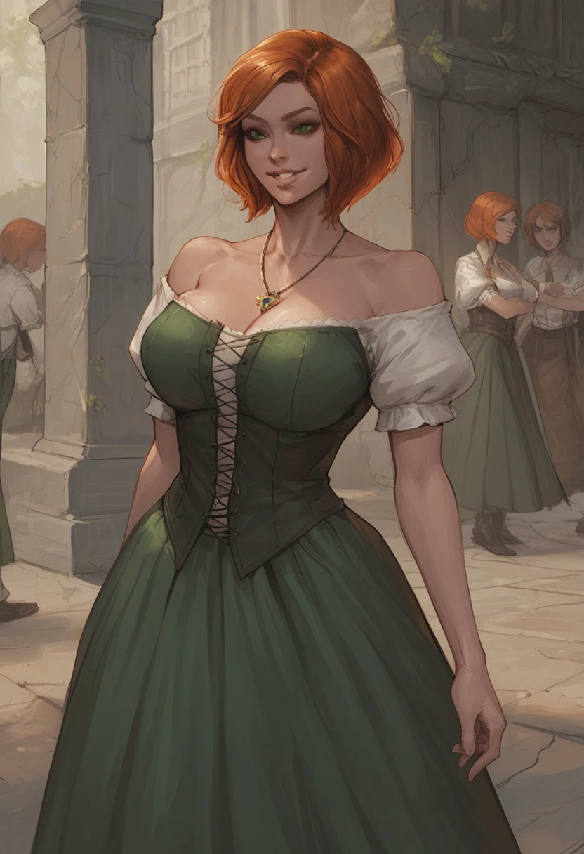 score_9, score_8_up, score_7_up, score_6_up, cowboy shot, masterpiece, high quality, solo focus, smiling, SOCAlexia, 1girl, red hair, short hair, jewelry, necklace, green eyes, lips, large breasts, orange hair, collarbone, Alexiavillager, corset, green dress, skirt, dress, white shirt, school uniform, short hair, skirt, green skirt, long skirt, cross-laced clothes, bare shoulders, german clothes, dirndl, puffy short sleeves, puffy sleeves, short sleeves, skirt, shirt,