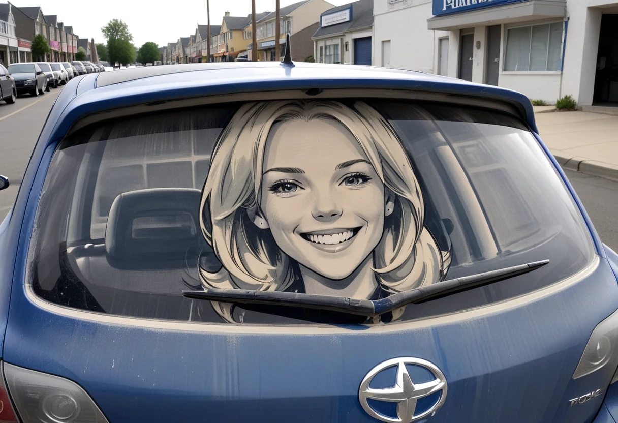hud_drty_c4r_4rt, blue car, vehicle focus, car window BREAK traditional media, monochrome, woman, blonde hair, smile, v, <lora:carart-000006:0.7>