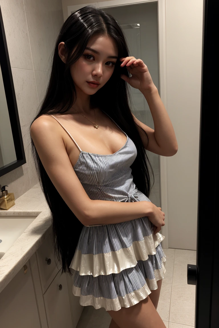 (Long shot:1.3) Tower13_Singa (Happy:1.4) (skinny, slim, slender, narrow waist:1.3)BREAK (Wearing Patent Leather Striped tiered sundress with adjustable spaghetti straps:1.3) BREAK (In the Bathroom in in Japan:1.3) (((Photo Focus, DOF, Aperture, insanely detailed and intricate, character)))<lora:exposure_control_v10:-0.3> <lora:more_details:0.3>