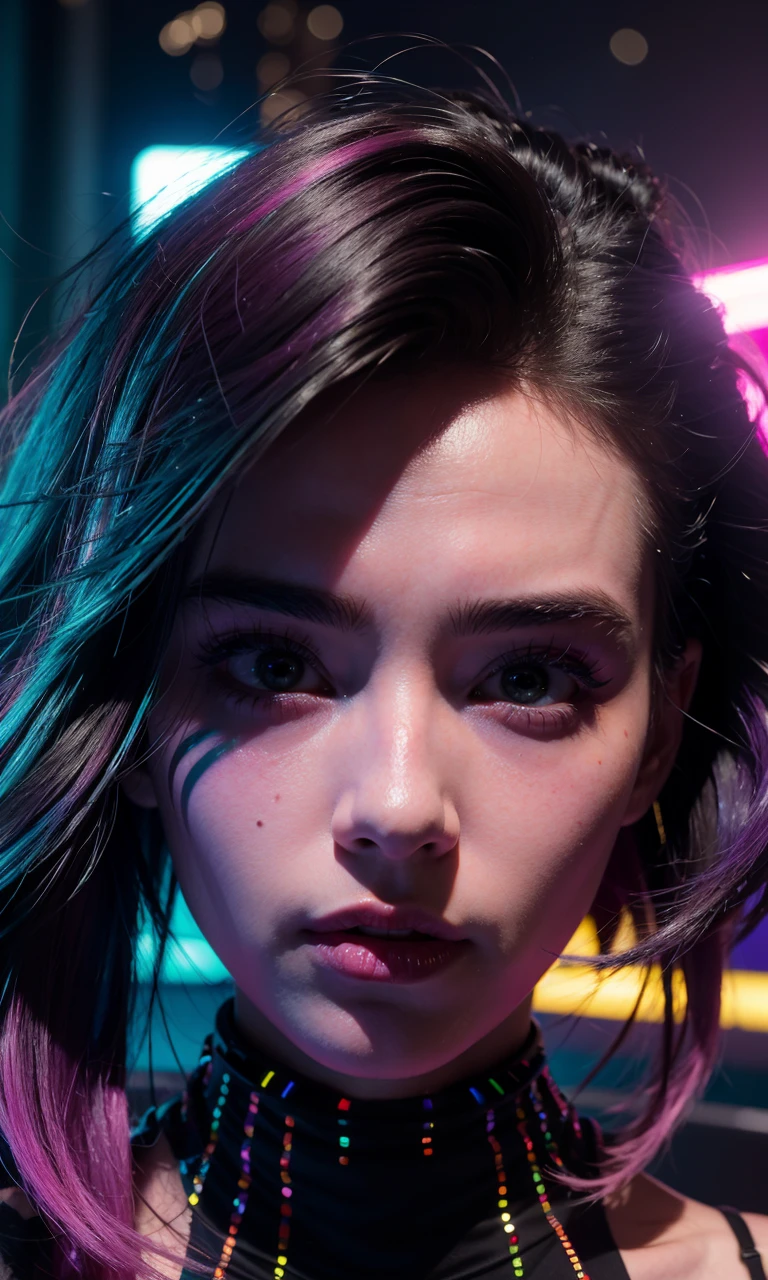 Cinematography perspective, Facial close-up, 80's cyberpunk hacks, Colorful hair, bizarre dress, Neon city background,