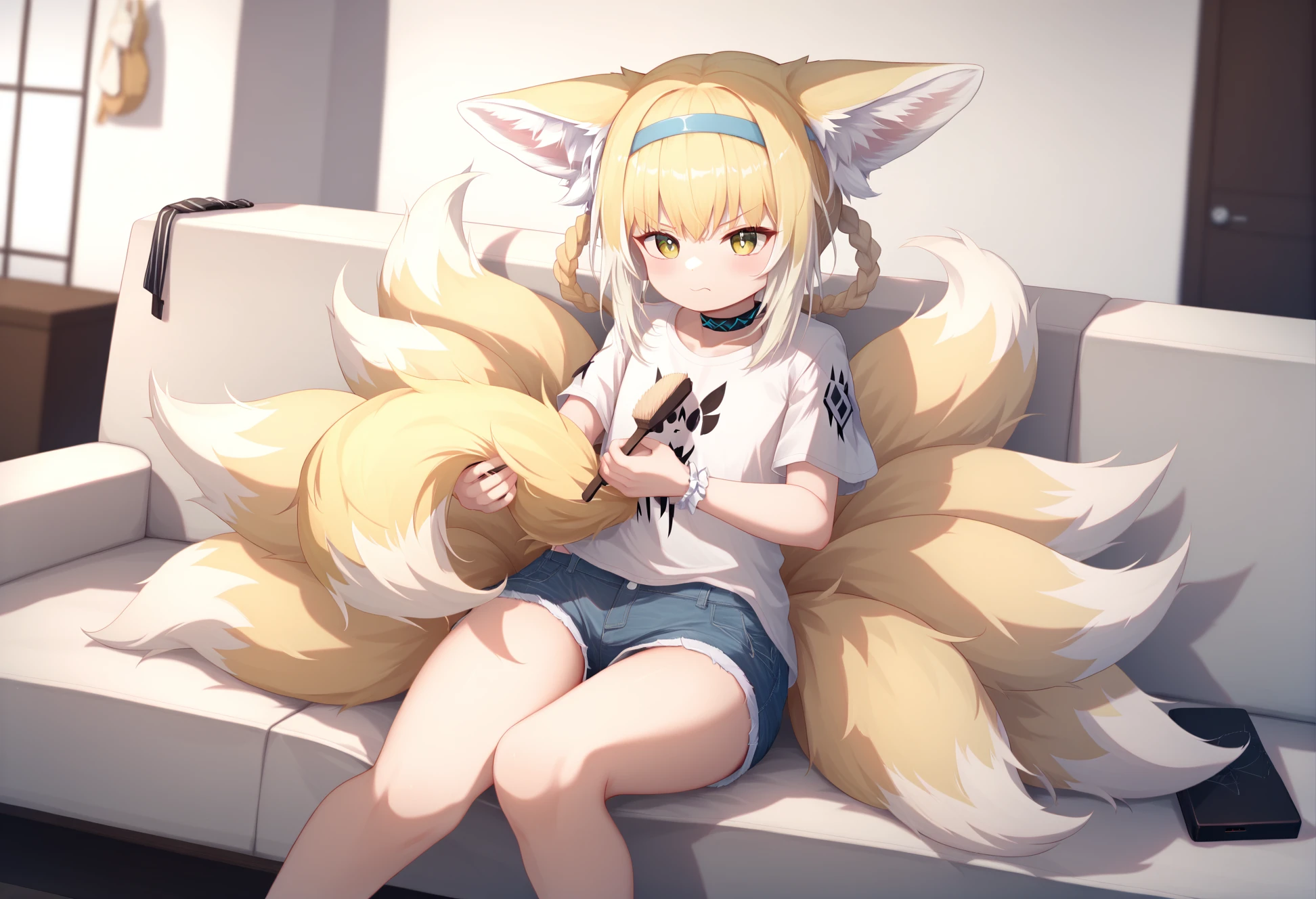 by ryosios , masterpiece, best quality
1girl, suzuran \(arknights\), fox girl, animal ear fluff, multiple fox tails, oripathy lesion \(arknights\), flat chest, blonde hair, hairband, kitsune, denim shorts, t-shirt, holding own tail, holding hairbrush, angry,
indoors, living room, sitting on couch
 <lora:4th_tail_extr_0.4.5_lyco_xl:1>