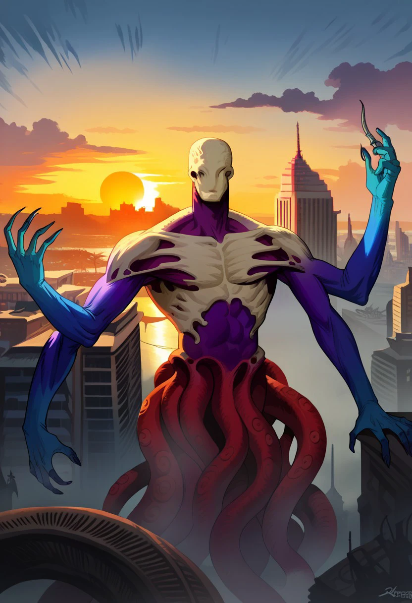 eldrazi, ulamog, extra arms, tentacles, faceless, score_9, score_8_up, score_7_up, solo, rating_safe, high angle, cityspace, sunset, fog, overcast, giant