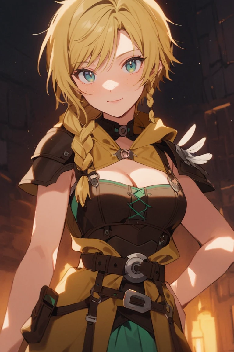 score_9, score_8_up, score_7_up, score_6_up, biancawhitaker, 1girl,solo,long hair,breasts,blueeyes,blonde hair,cleavage,medium breasts,green eyes,braid,belt,armor,twin braids,single braid,hair over shoulder,freckles,<lora:Bianca_Whitaker:0.9>, looking at viewer, light smile, <lora:add-detail-xl:1>