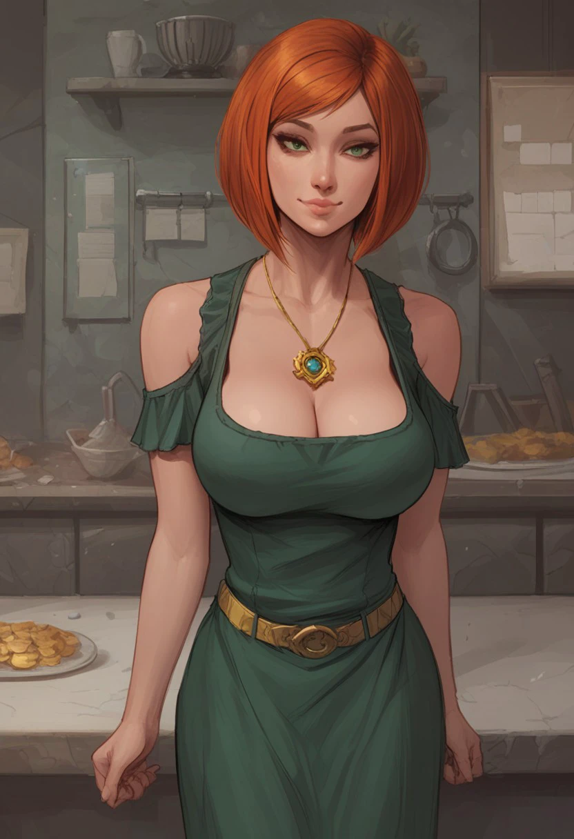 score_9, score_8_up, score_7_up, score_6_up, cowboy shot, masterpiece, high quality, solo focus, 1girl, SOCAlexia, Alexiagown, 1girl, red hair, short hair, medium hair, medium breasts, jewelry, necklace, green eyes, lips, large breasts, orange hair, brown hair, collarbone, skirt, bare shoulders, shoulder cutout, gold belt, apron, green shirt, shirt, cleavage, bob cut, green dress, BREAK, smiling