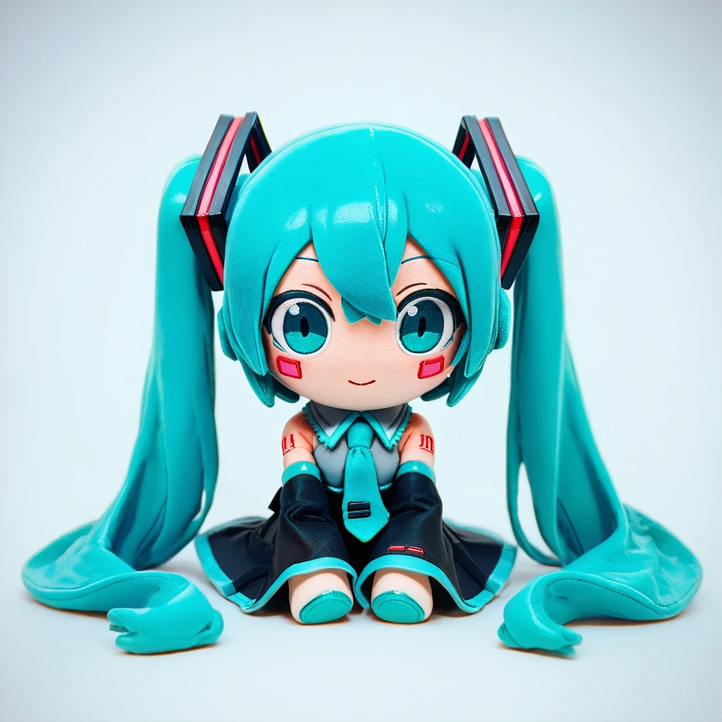 score_9, score_8_up, score_7_up, score_6_up, mikus-furmo, full body, looking at the view, fumo style, sitting, simple background, toys, toys, hatsune miku, 1girl